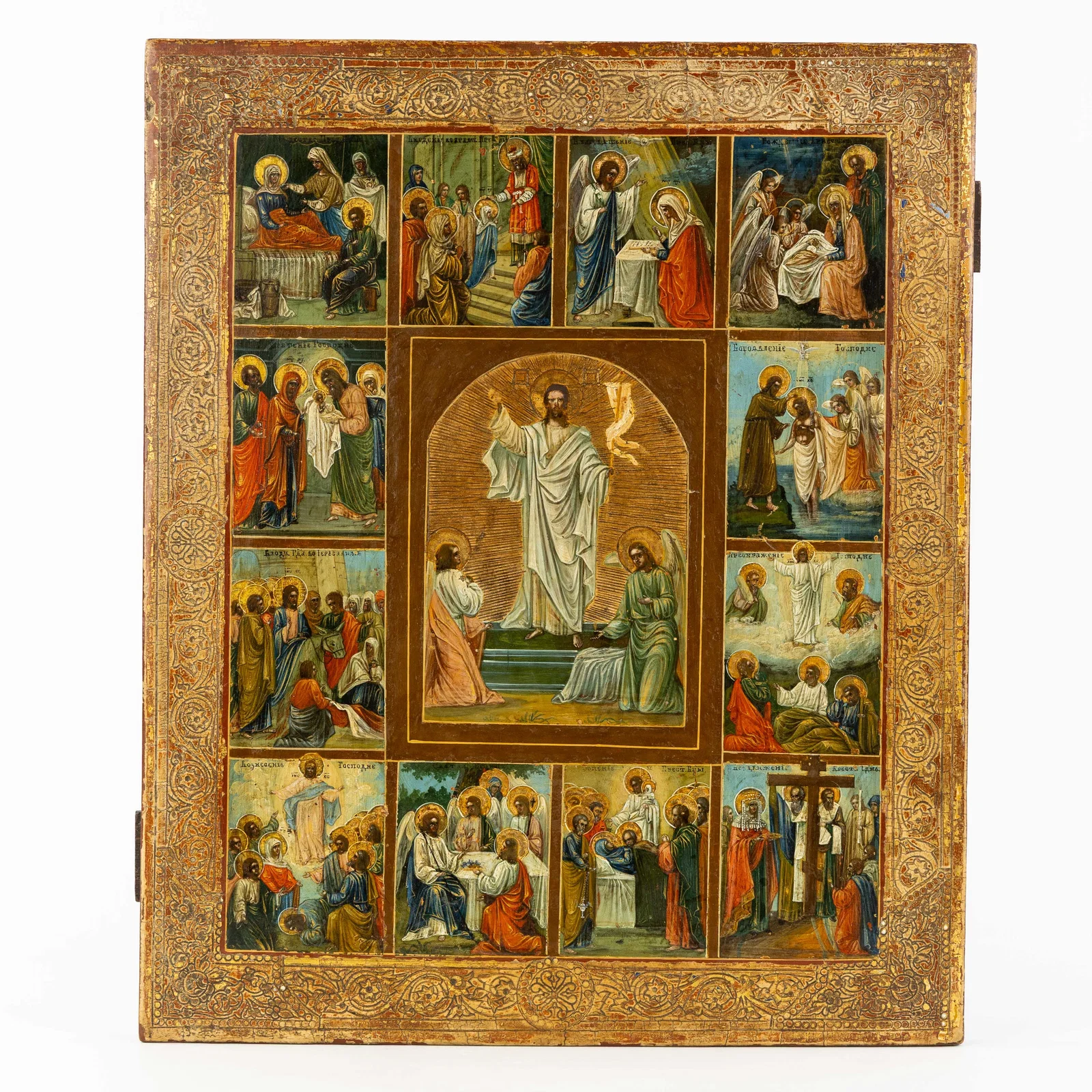 A Large antique Russian Great Feasts and Ressurrection Icon, 19th C.