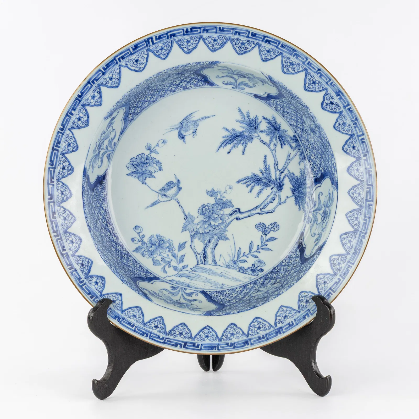 A Large Chinese blue and white bowl, decorated with pheasants and flora, Qianlong period.