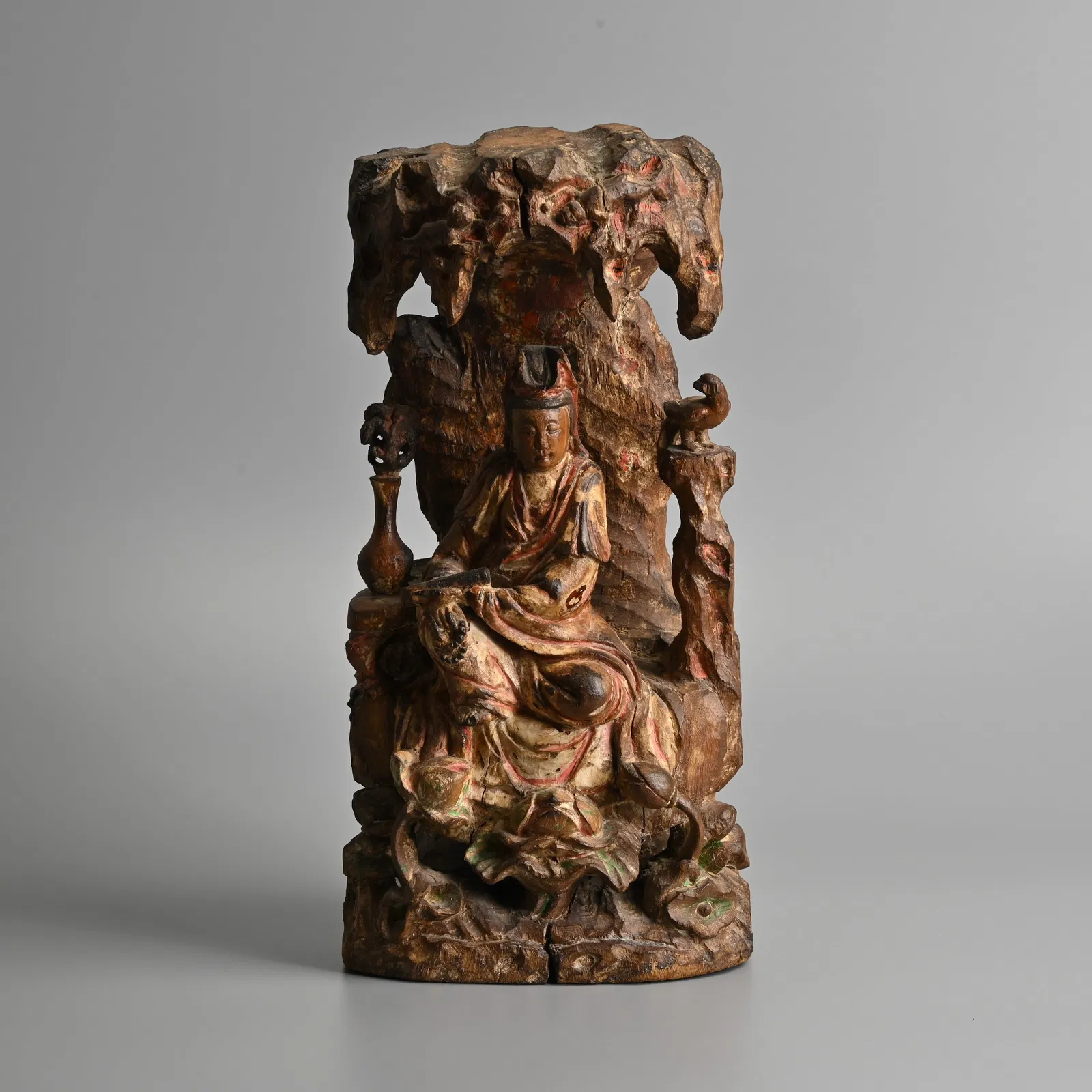A LARGE CHINESE POLYCHROME WOOD SHRINE OF GUANYIN, MING DYNASTY.