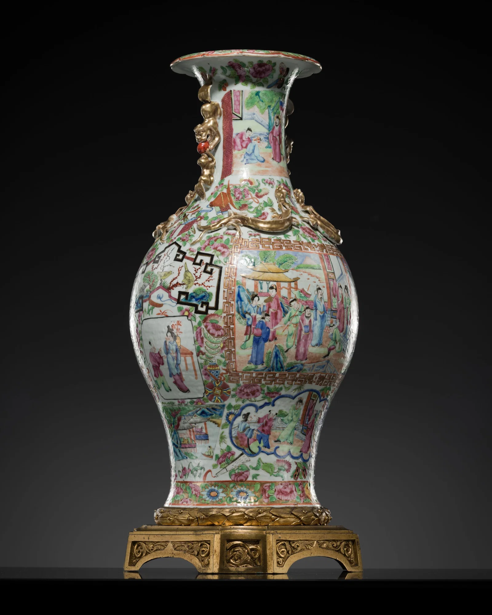 A LARGE FAMILLE ROSE CANTON BALUSTER VASE, WITH A FRENCH ORMOLU BASE, 19TH CENTURY