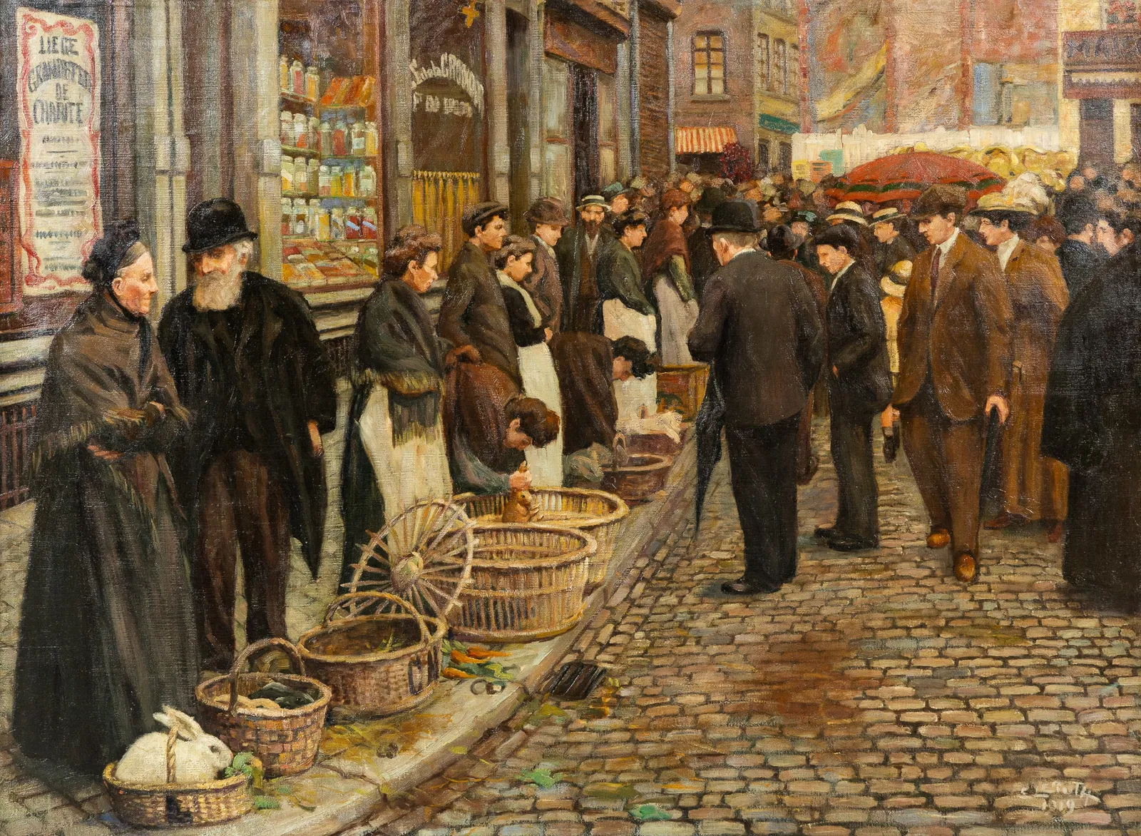 A Large painting', 'Marché aux animaux à Liège', oil on canvas, signed E. Leroth (1919).