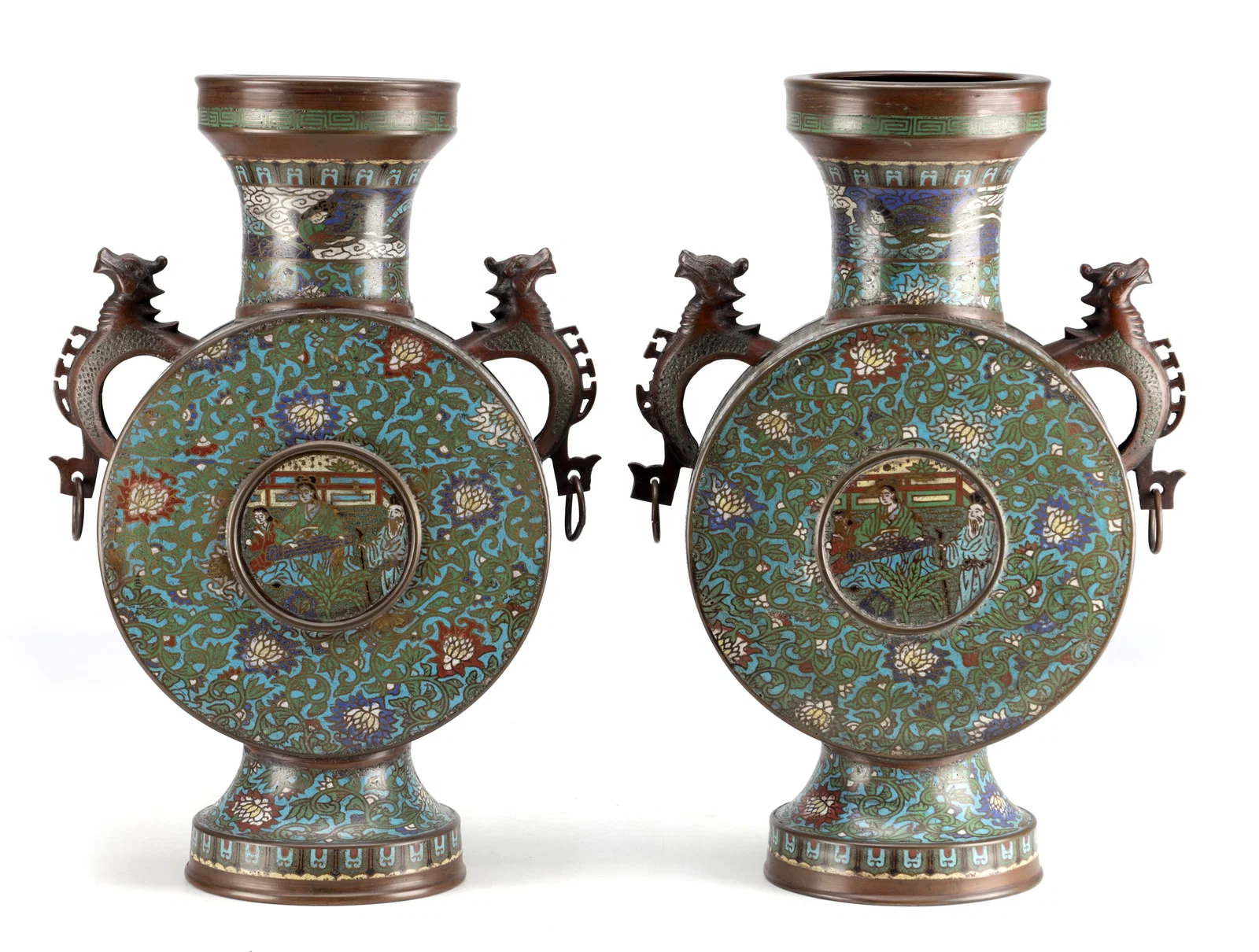 A LARGE PAIR OF 19TH CENTURY CHINESE CLOISONNE ENAMEL MOONFLASKS WITH DRAGON HANDLES