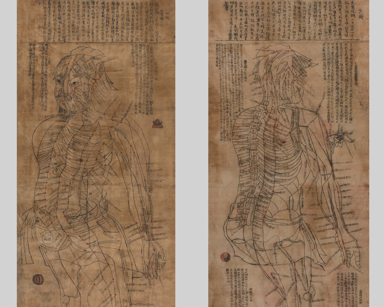 A LARGE PAIR OF ANCIENT CHINESE MEDICAL CHARTS WITH ACUPUNCTURE POINTS