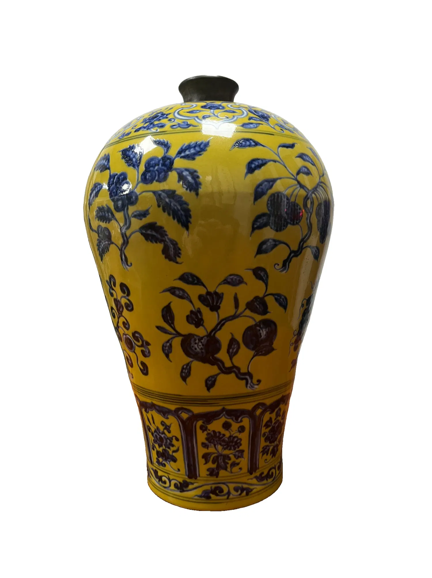 A large plum vase with a yellow ground and blue and white decoration of branches and three