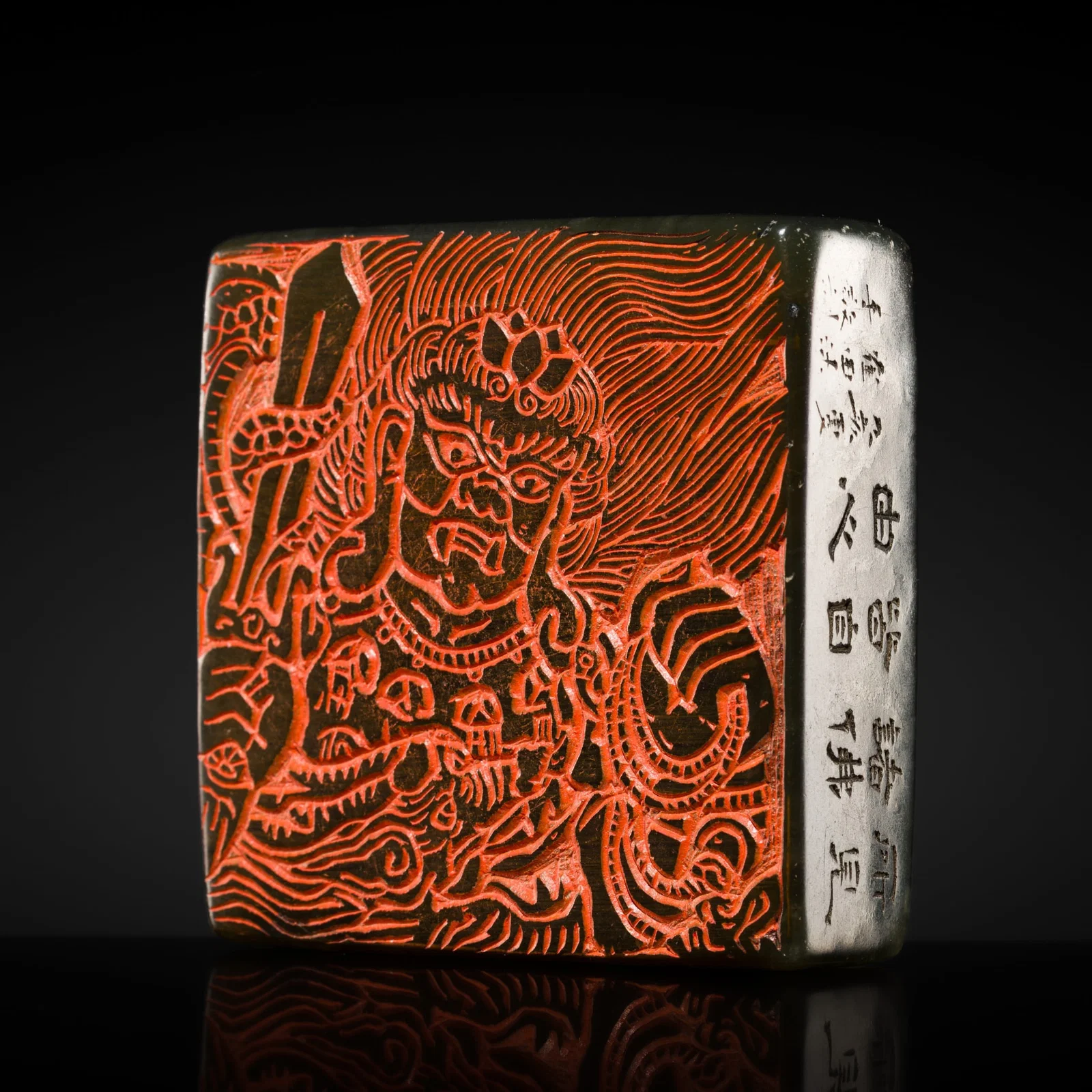A LARGE SOAPSTONE BUDDHIST SEAL OF ACALA, PROTECTOR OF THE DHARMA, QING DYNASTY, DATED 1863