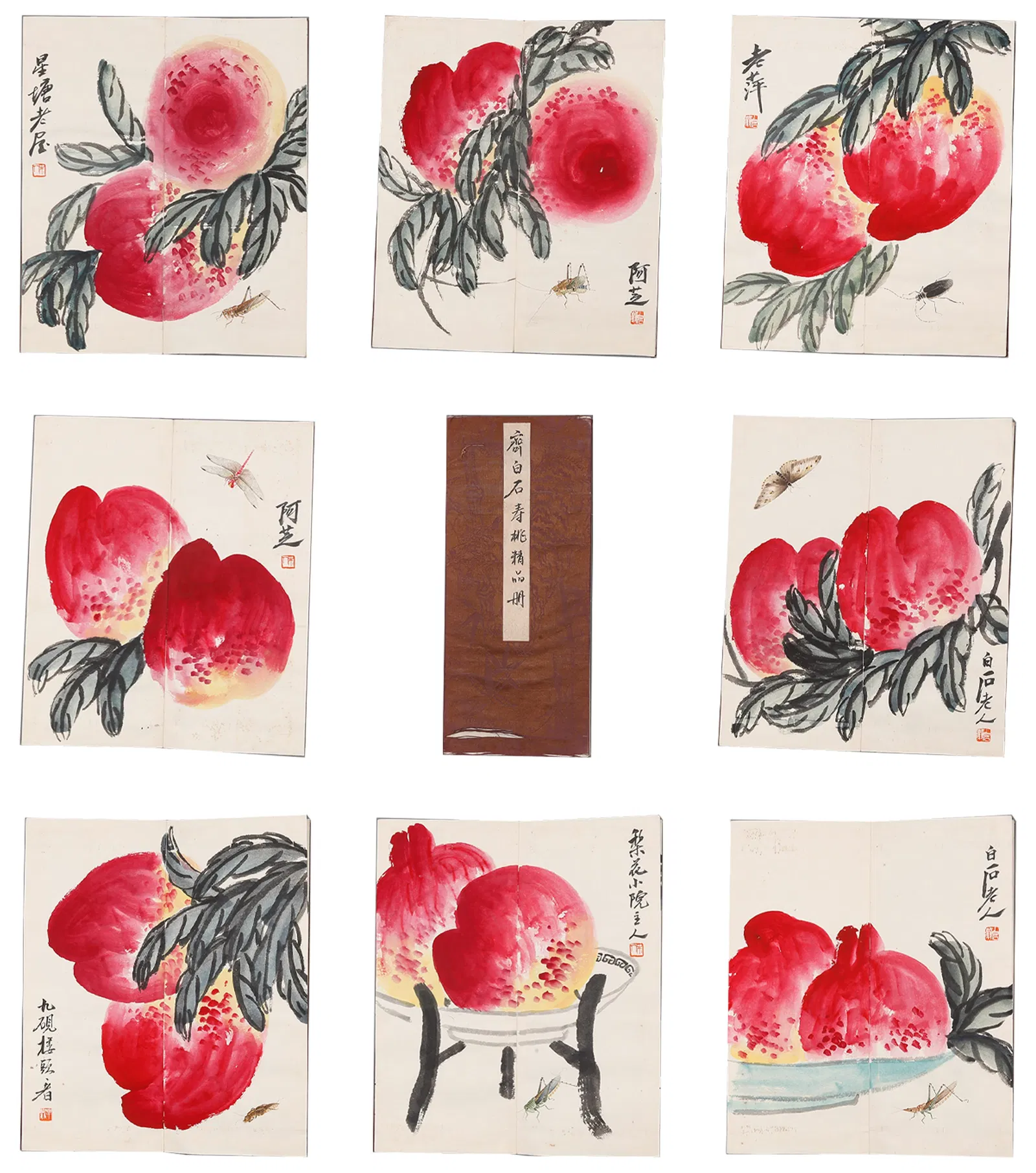 A LONGEVITY PEACH PAINTING ALBUM ON PAPER BY QI BAISHI (21 LEAVES).齊白石