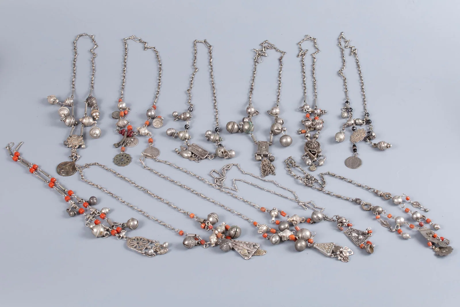 A Lot of 11 Silver and Beads Necklaces, Yemen, Early 20th Century
