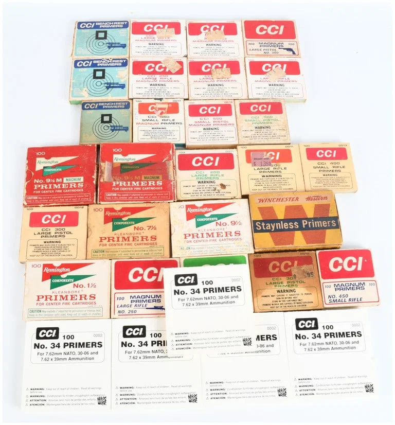A Lot of 30 Boxes and Sleeves of Assorted Ammunition Primers