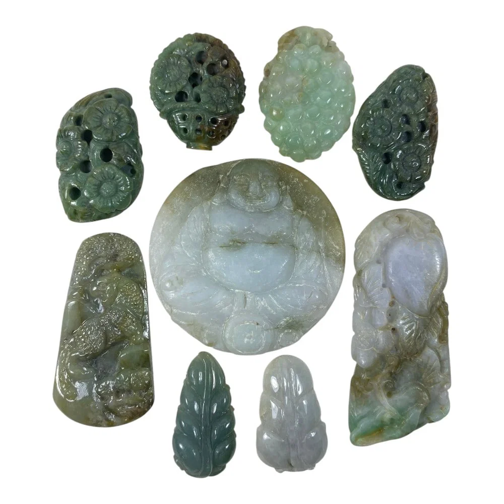 A Lot of 9 Vintage Chinese Carved Jadeite Jade Pendants, 9AB