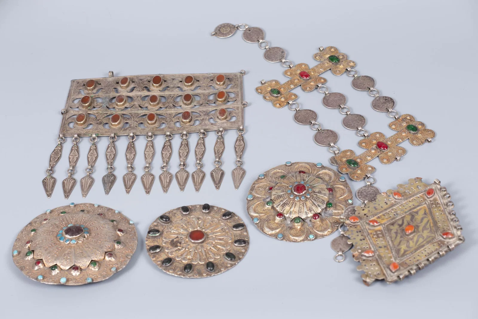 A Lot of Six Silver Head and Dress Ornaments, Central Asia, Late 19th Early 20th Century