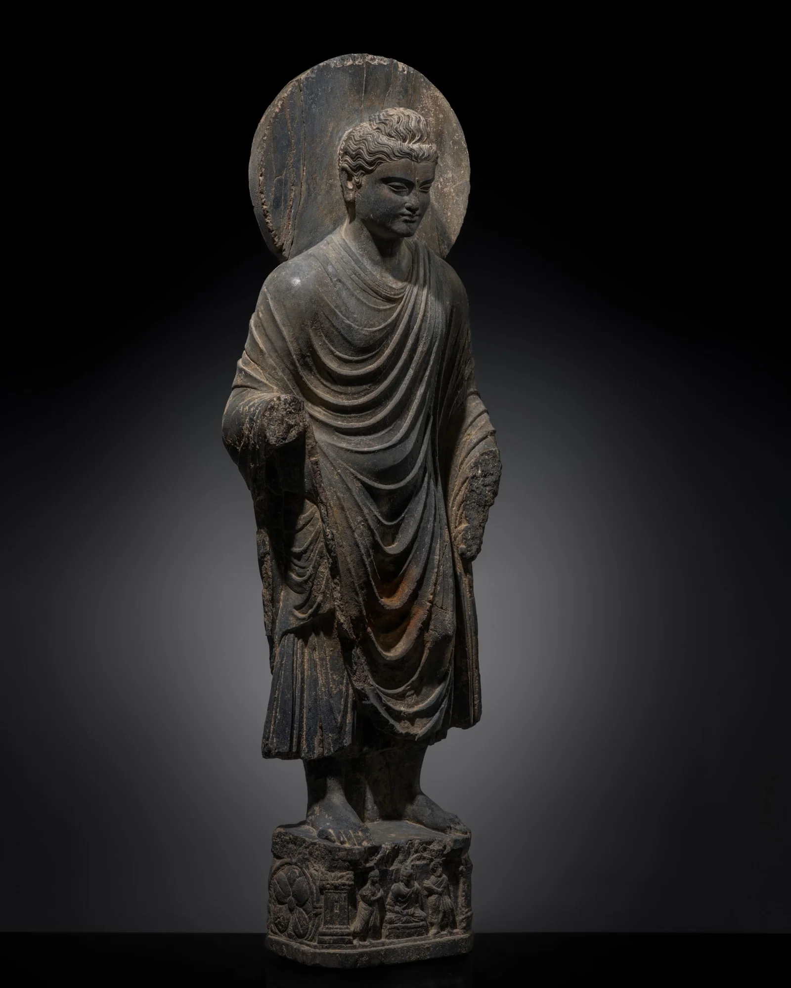 A MAGNIFICENT GRAY SCHIST FIGURE OF THE STANDING BUDDHA SHAKYAMUNI, ANCIENT REGION OF GANDHARA,
