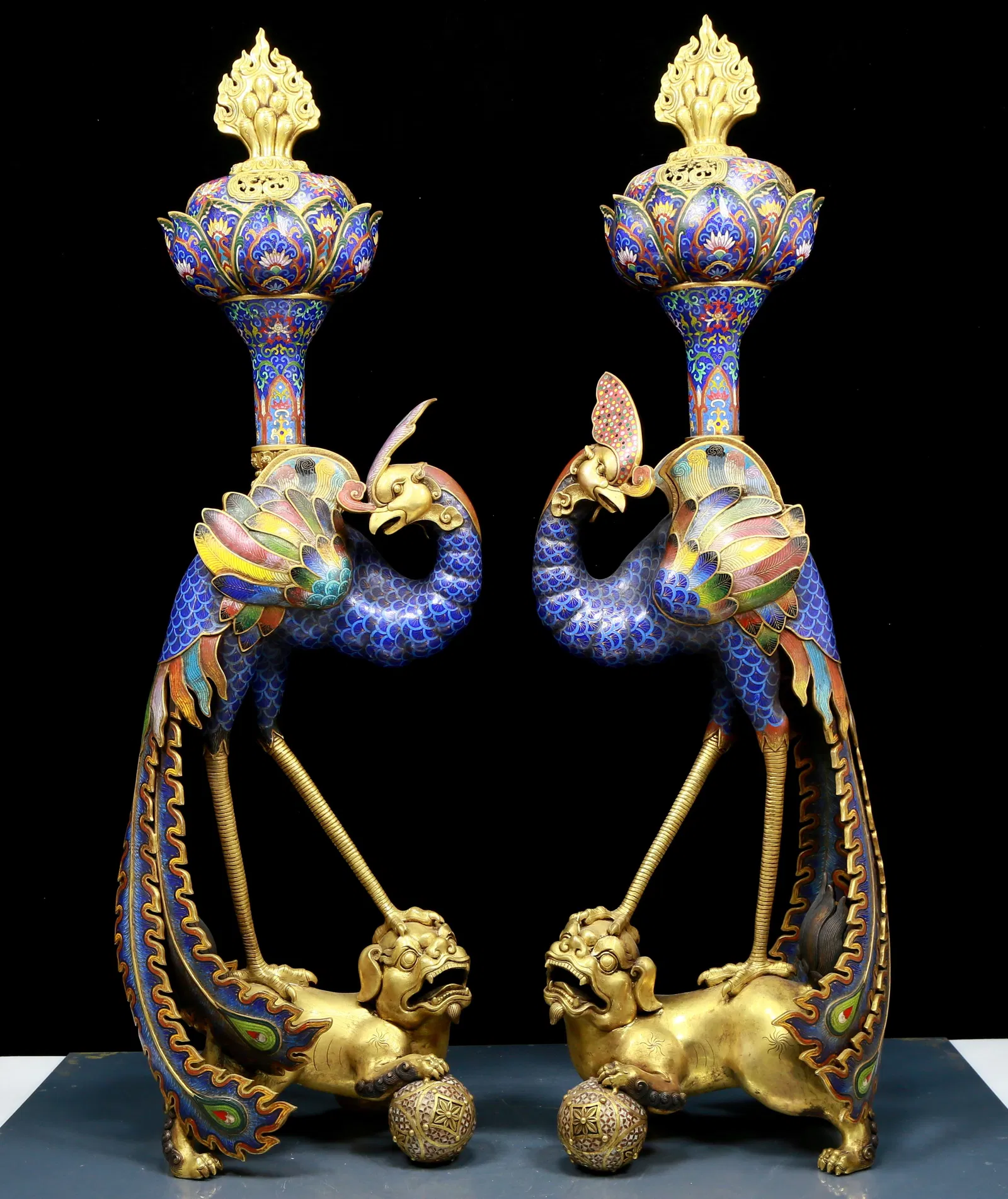 A magnificent pair of cloisonné phoenix censers