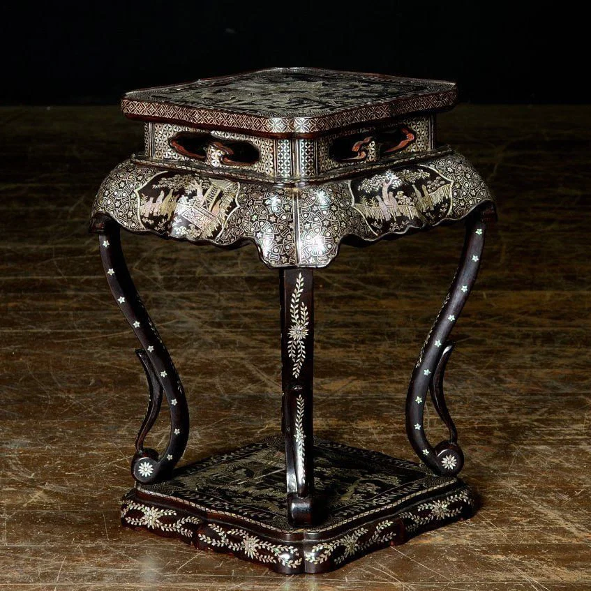 A meticulously carved Blue and White shell and mother-of-pearl inlaid table, with box.