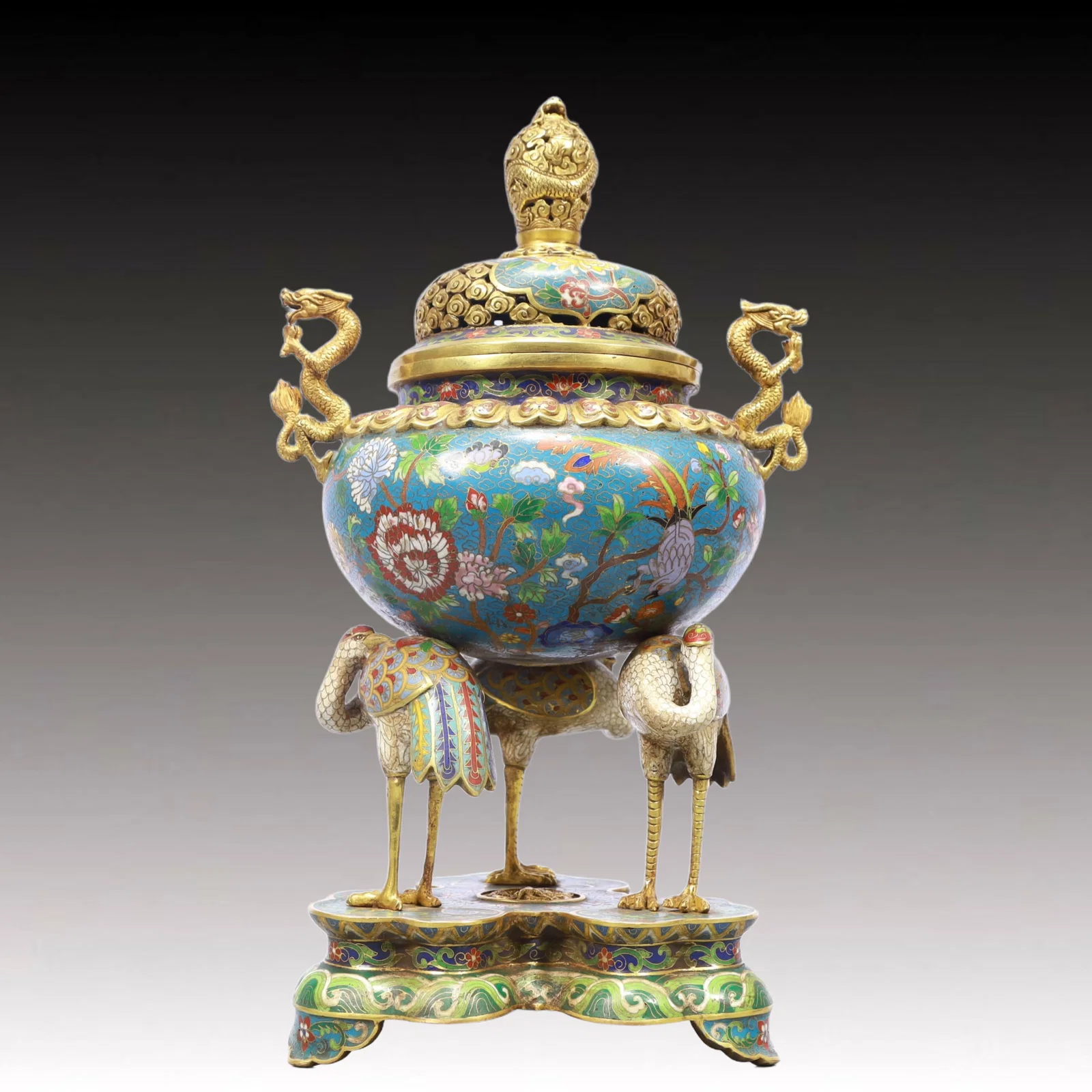 A Monumental Cloisonne Flower and Bird Pattern Double-Ears Censer