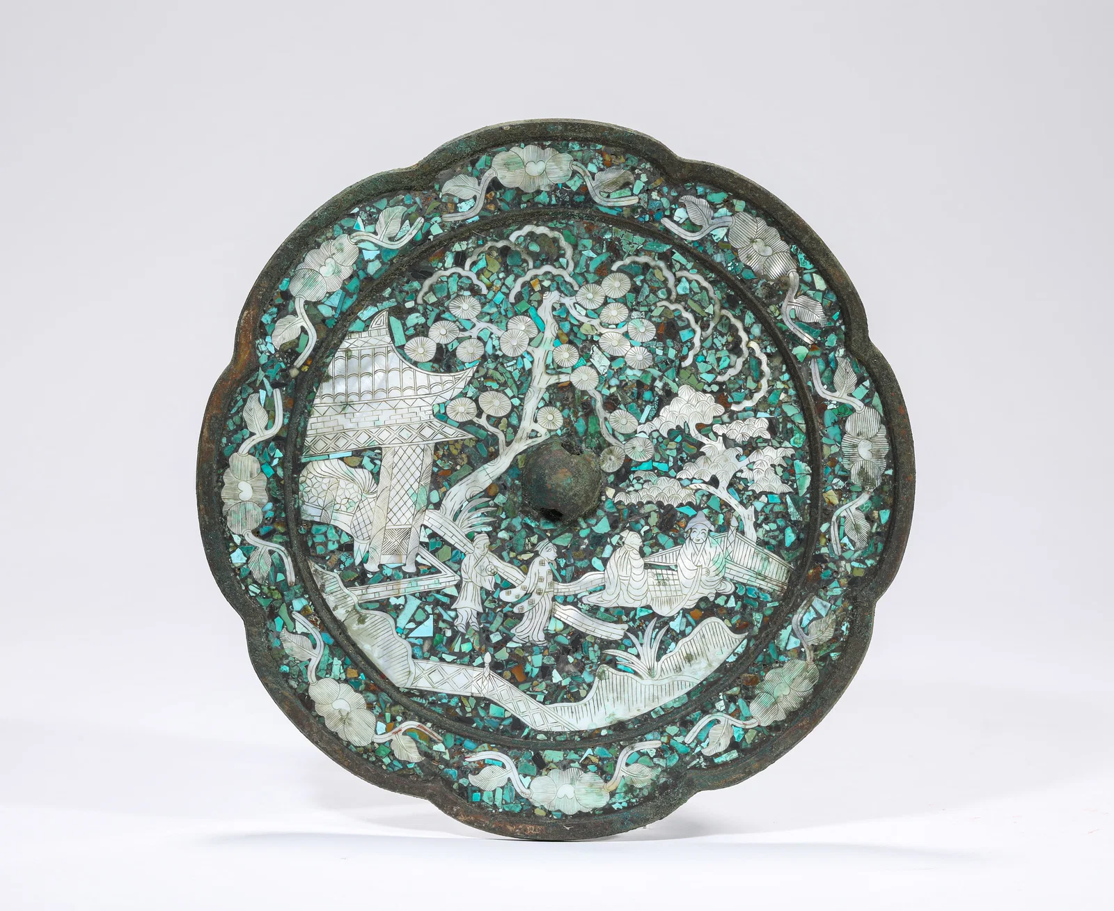 A Mother-of-Pearl and Turquoise-Inlaid Bronze Mirror