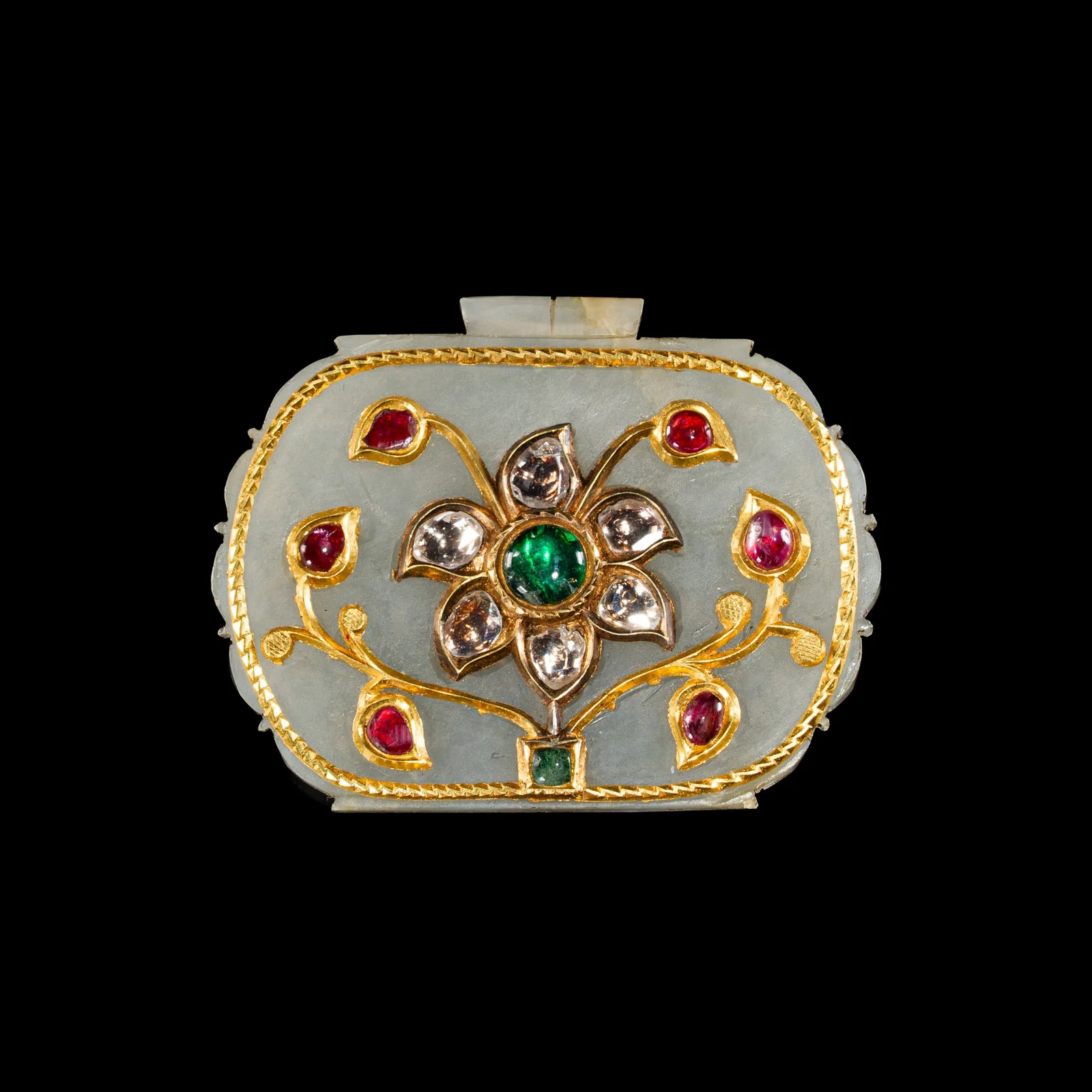 A MUGHAL GOLD-INLAID AND GEM-SET 'TREE OF LIFE' JADE PENDANT, HALDILI, 18TH-19TH CENTURY
