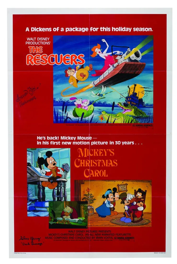 A Multi-Signed "The Rescuers" & "Mickey's Christmas Carol" One-Sheet.