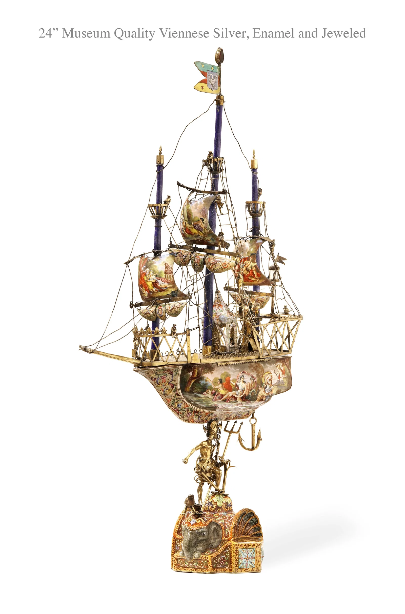 A Museum Quality 19th C. Viennese Silver Enamel Jeweled Miniature Ship