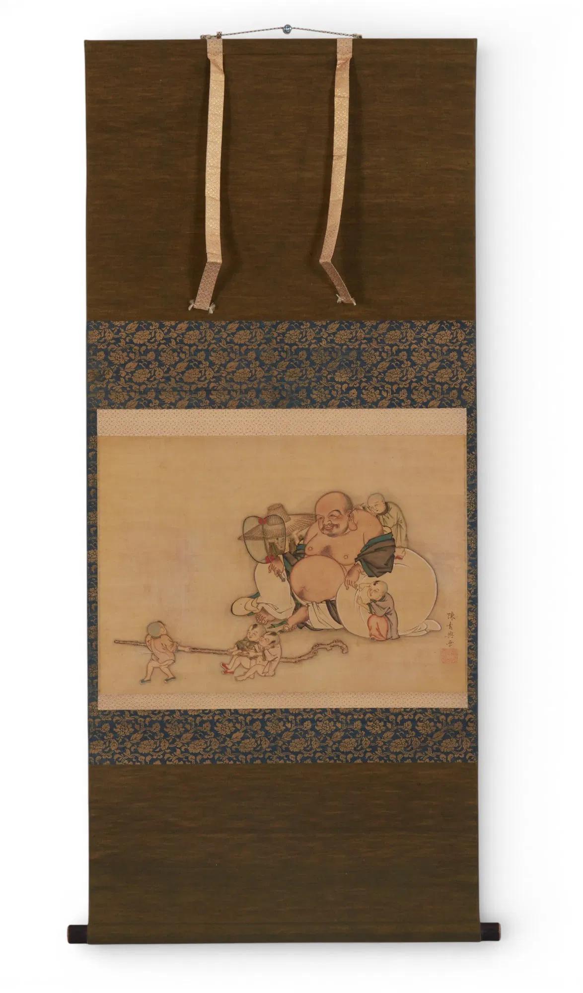 A Nagasaki School scroll painting: Hotei/Budai and boys