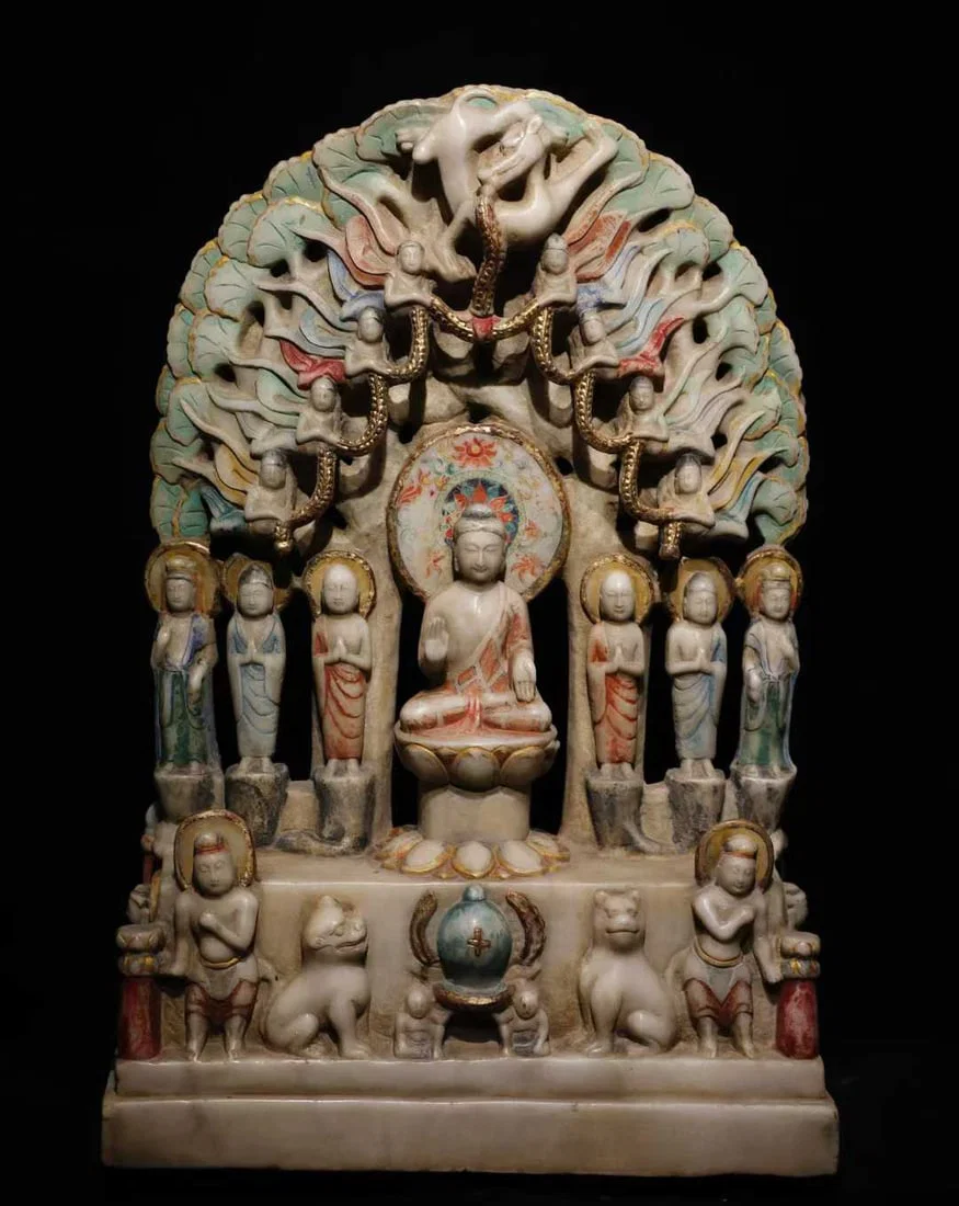 A Northern Qi white jade painted hollow back Buddha