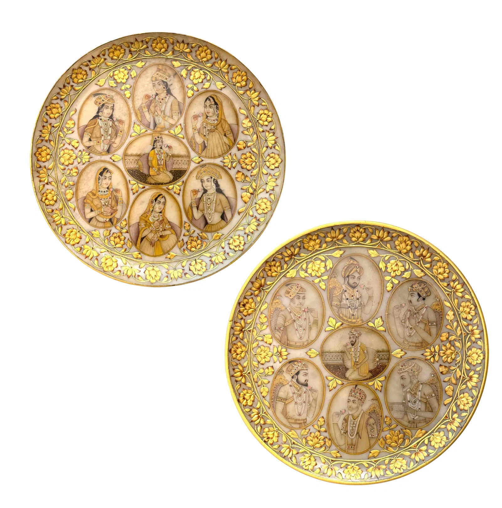 A Pair 19th Century Indian Oil On Marble Painting Of Royal Family