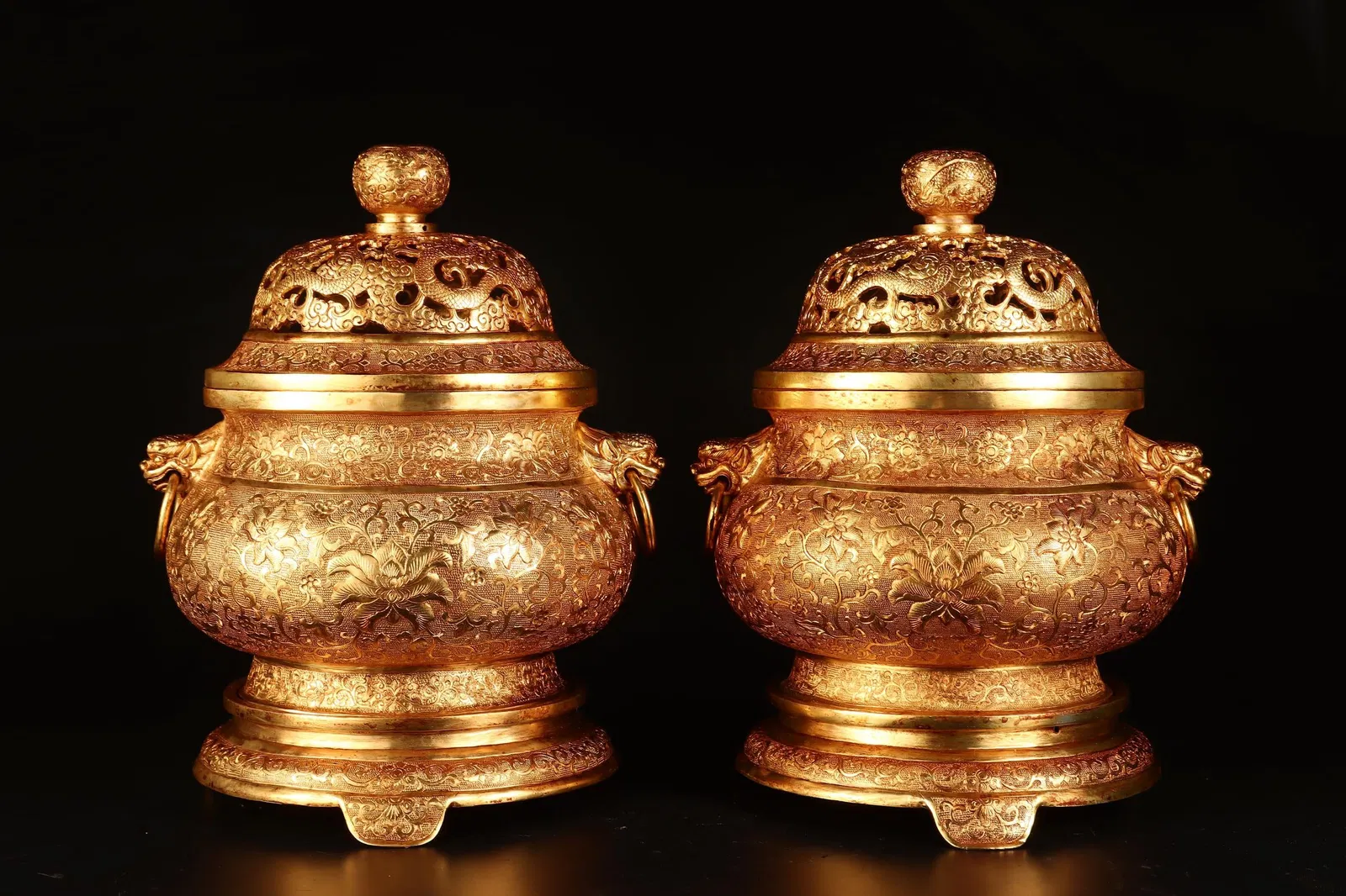 A pair of Bronze Gilt Interlocking Lotus Pattern Censer