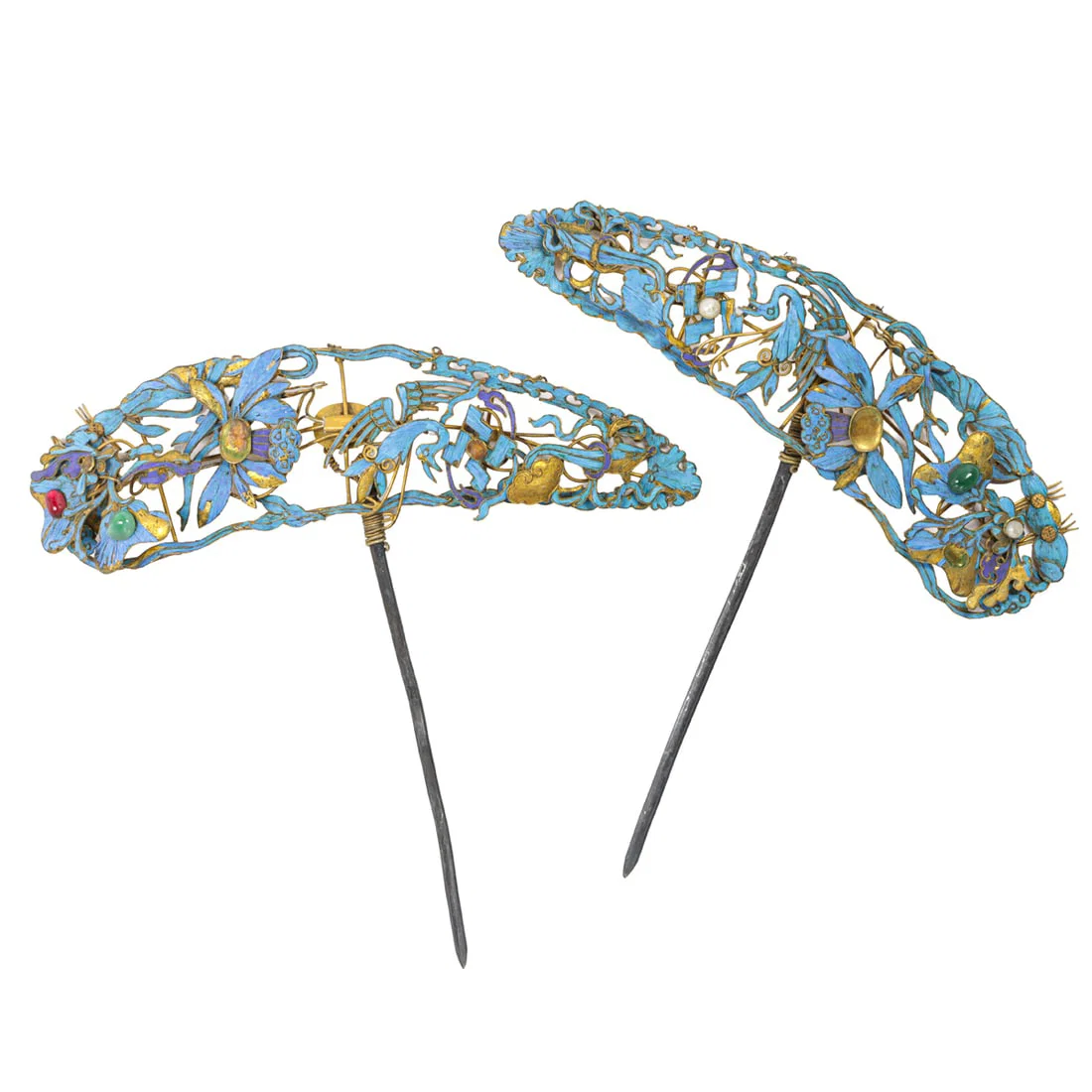 A pair of Chinese gilt silver and kingfisher feather inlaid hair pins