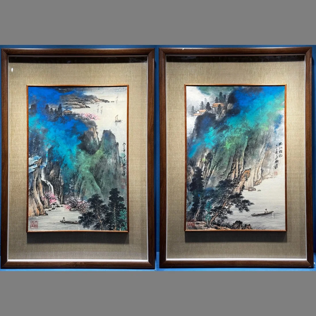A Pair of Chinese Ink Painting of Landscape on Paper with Frame