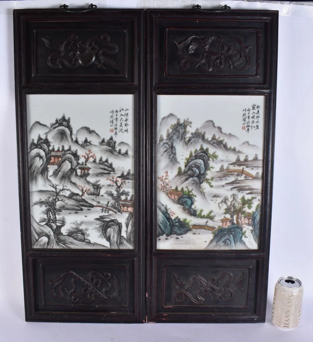 A PAIR OF CHINESE REPUBLICAN PERIOD FAMILLE ROSE PORCELAIN PANELS. 74 cm x 30 cm.