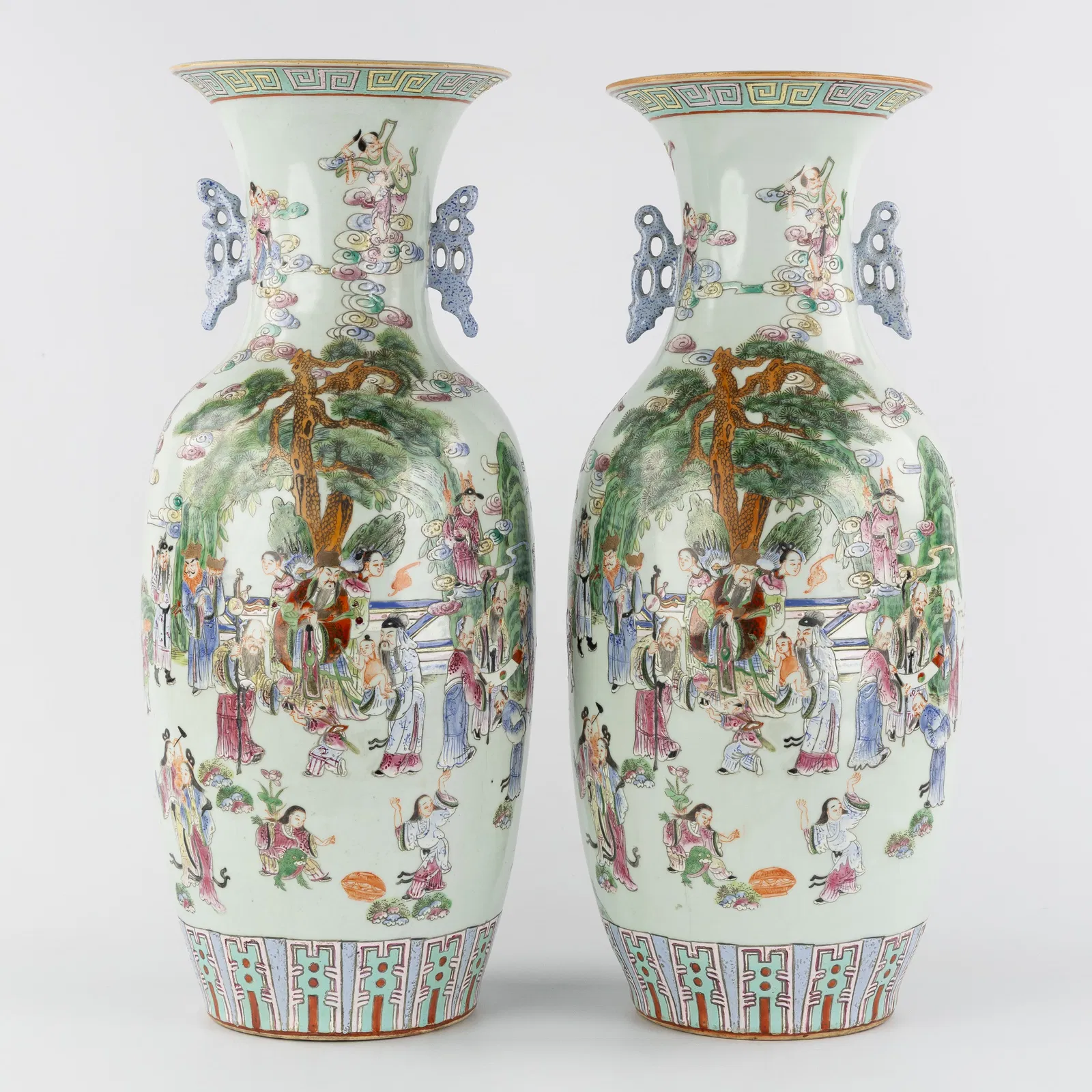 A Pair of Chinese vases, Famille Rose, decorated with Imperial scenes, marked Jiaqing, 19th C.