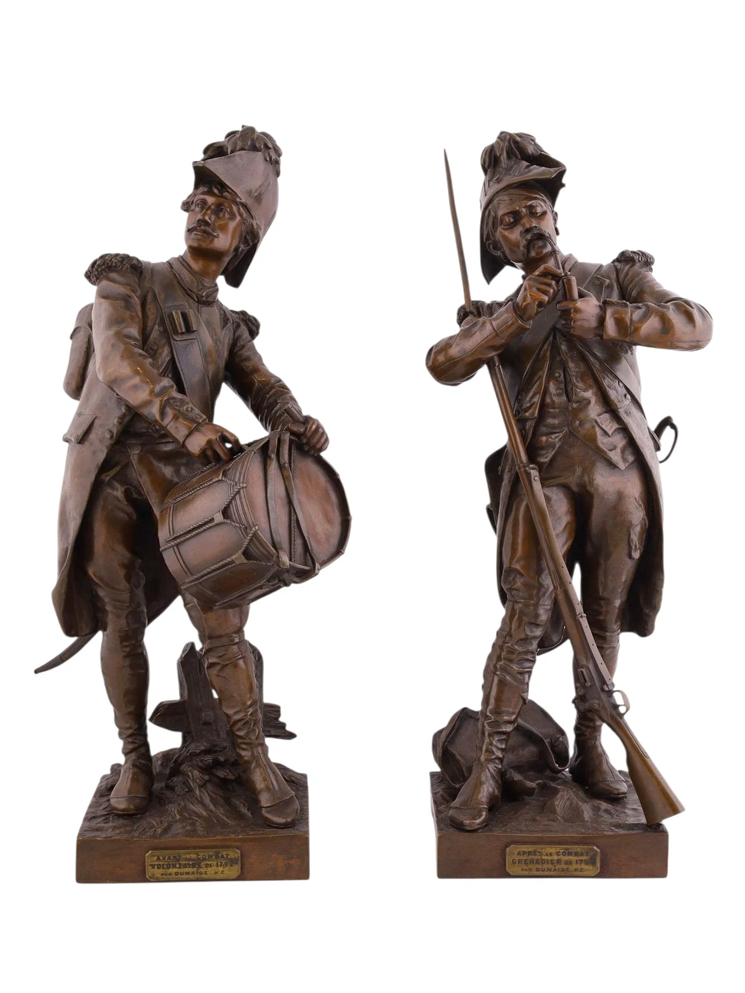 A PAIR OF ETIENNE-HENRI DUMAIGE (FRENCH 1830-1888) BRONZE FIGURES, 'AVANT LE COMBAT ET APRÈS LE
