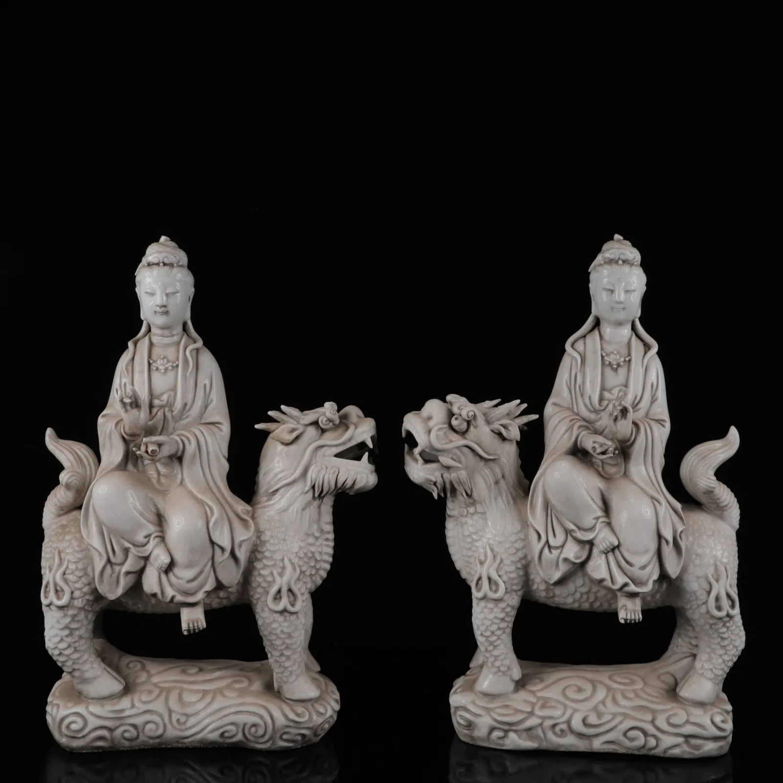 A Pair of Exquisite Blance-De-Chine Statues of Manjusri