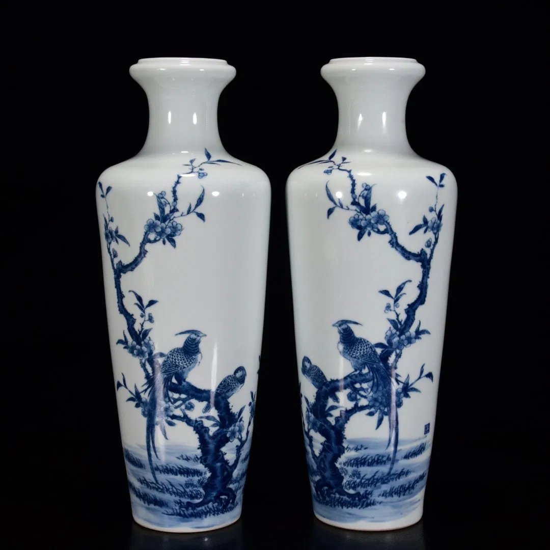 A Pair of Exquisite Blue and White Flower and Bird Pattern Vases,with poem