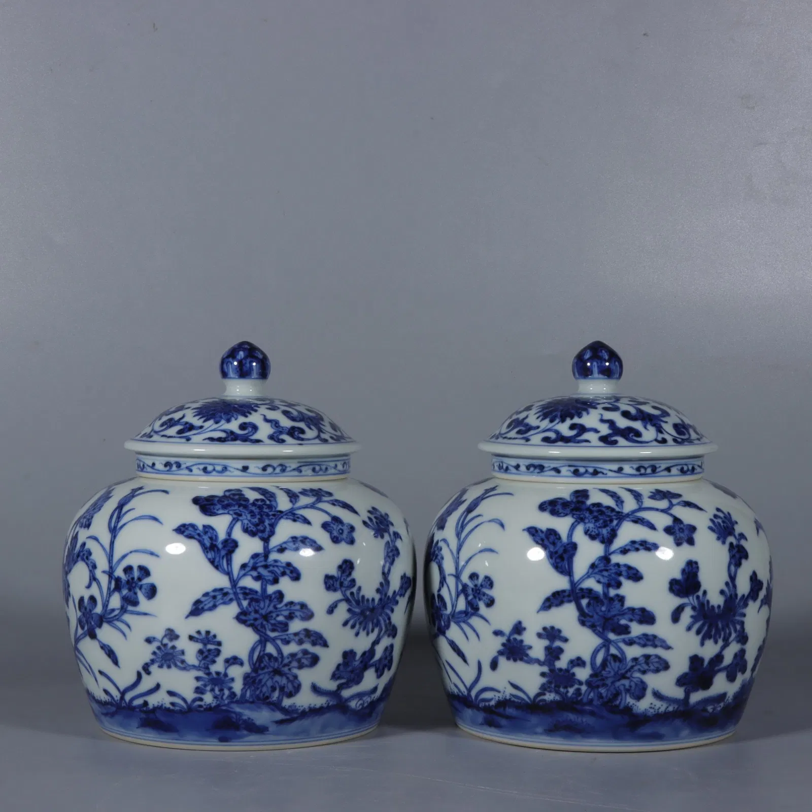 A Pair of Exquisite Blue and White Flower Pattern Jars with Cover