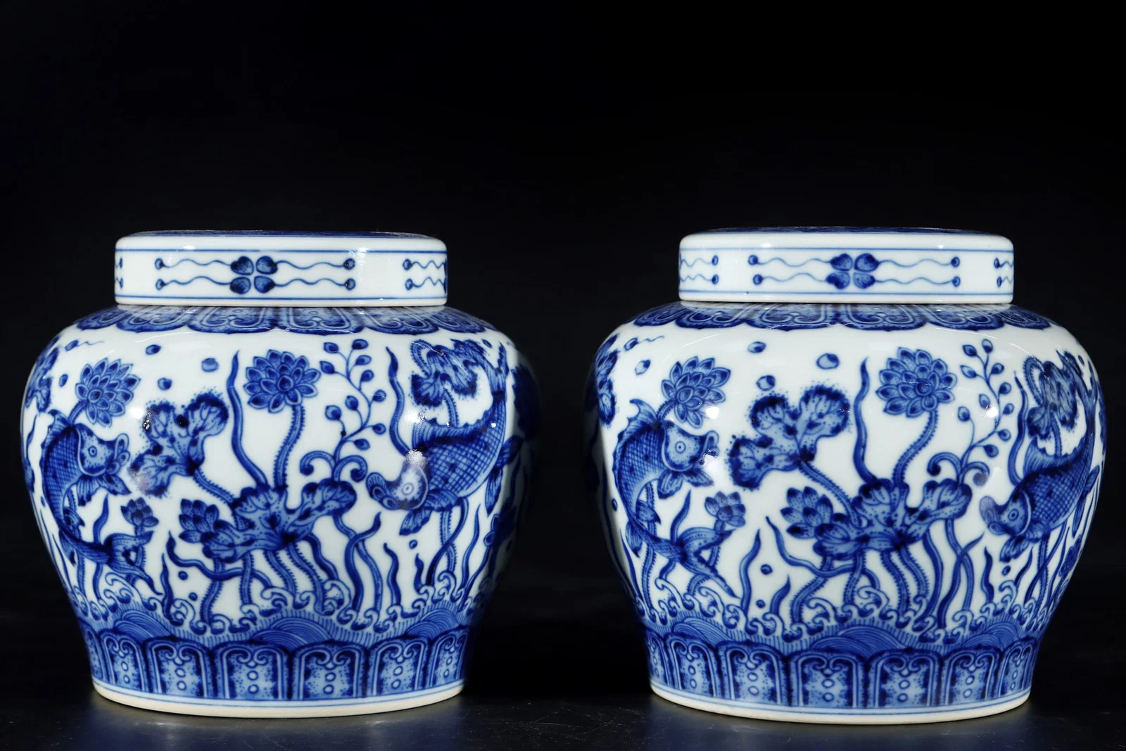 A Pair of Exquisite Blue and White Hornwort Pattern Tea Caddies