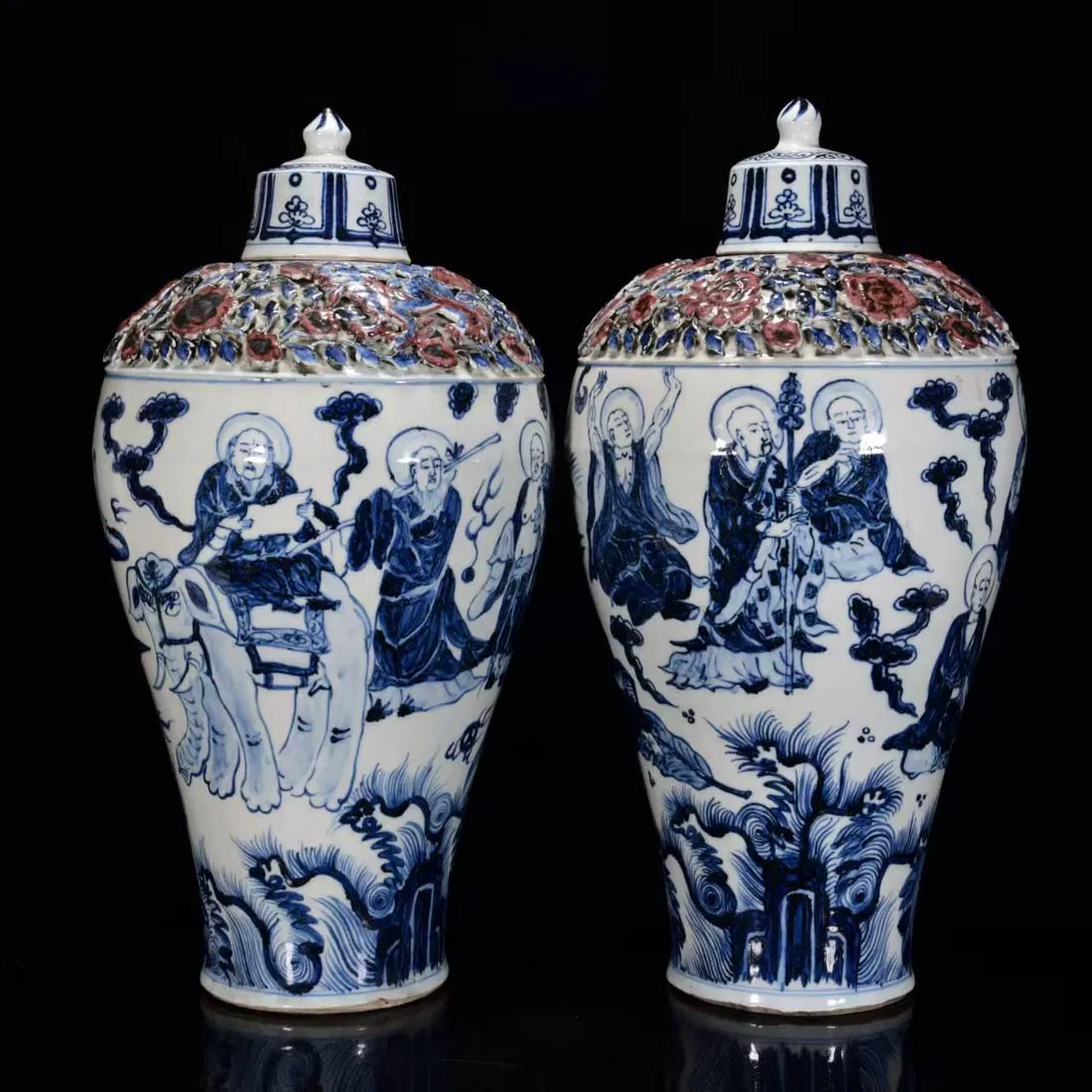 A Pair of Exquisite Blue and White Underglaze-Red Character and Story Pattern Bottles