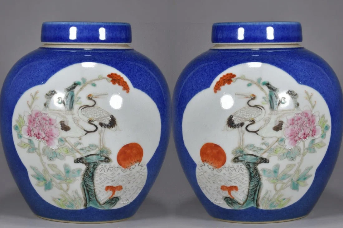 A Pair of Exquisite Blue Glazed Famille-Rose Flower and Bird Pattern Cover Jars