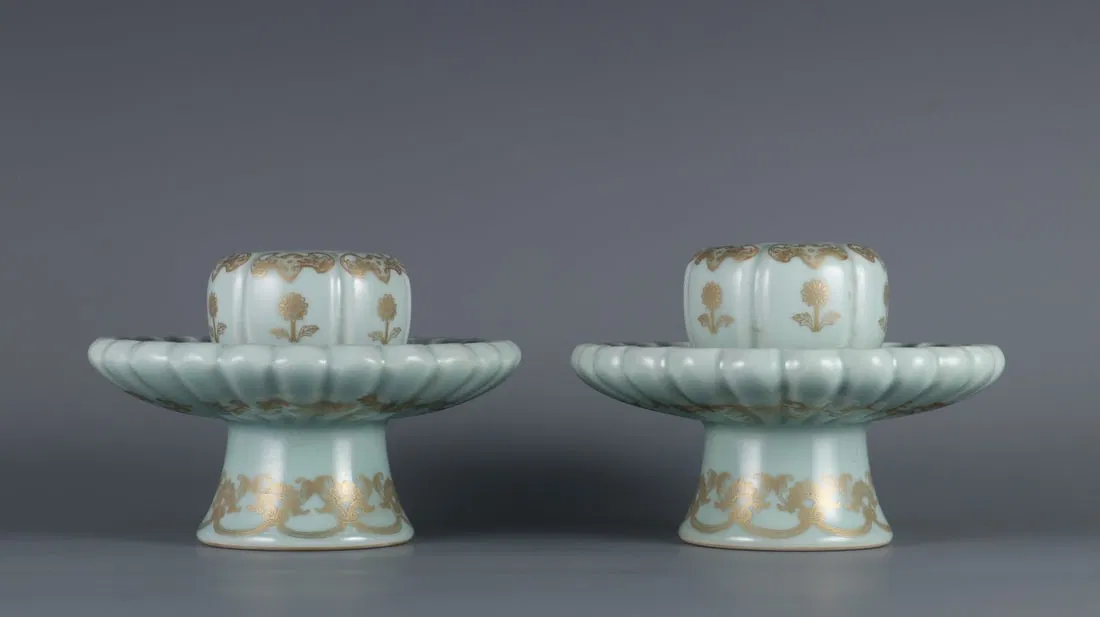 A Pair of Exquisite Celadon Glazed Painted Gold Flower Pattern Ornaments
