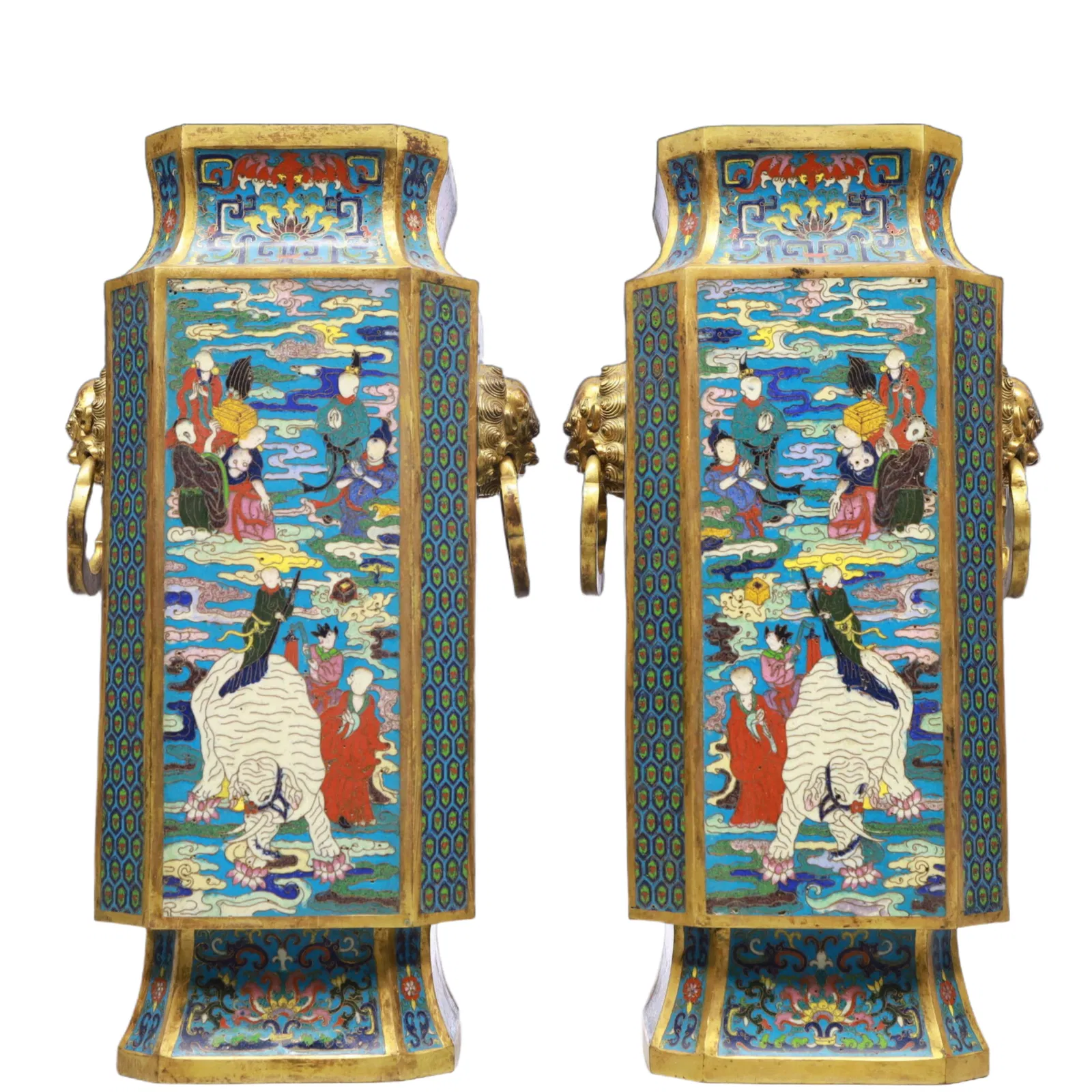 A Pair of Exquisite Cloisonne Character and Story Pattern Double-Ears Vases