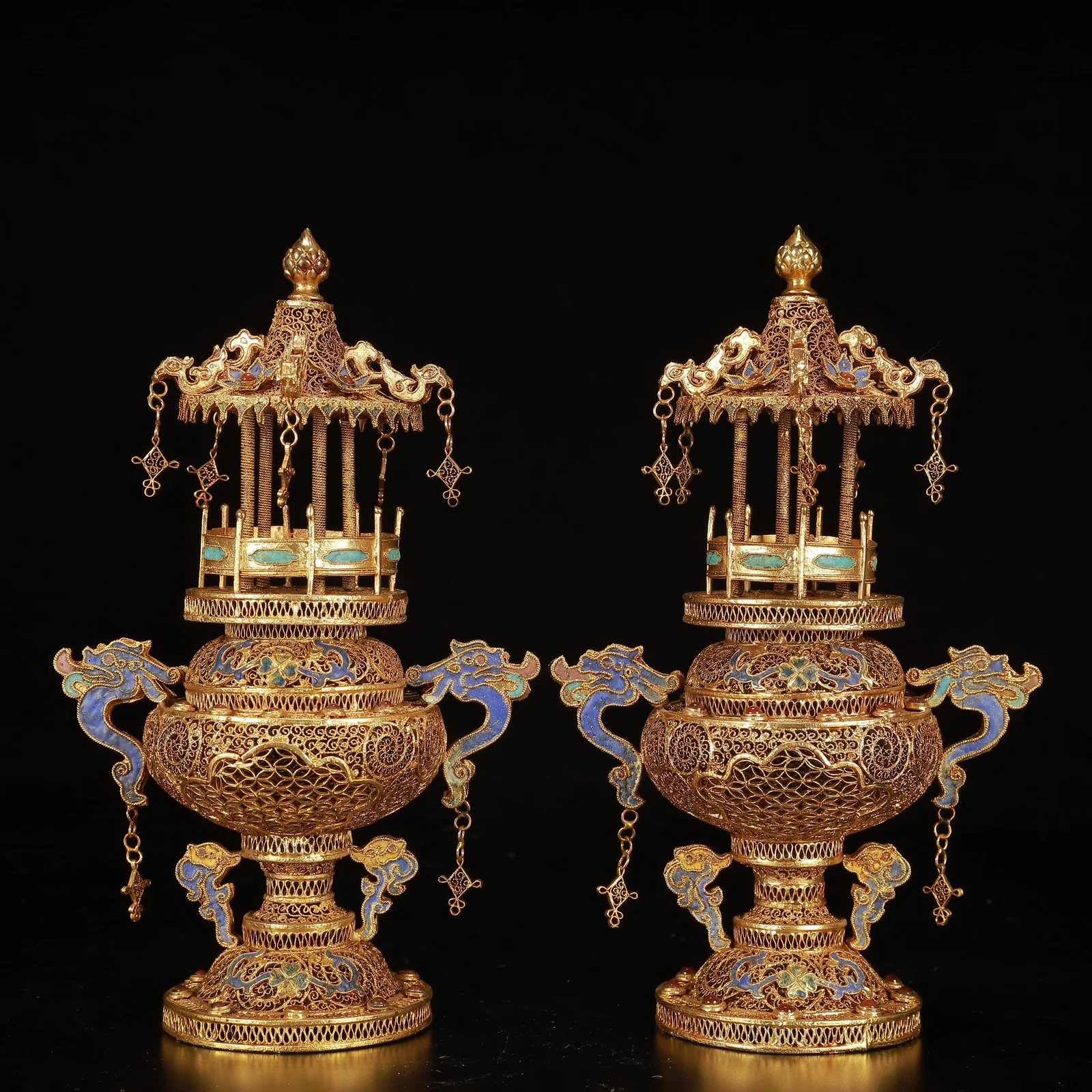 A Pair of Exquisite Cloisonne Gilt Dragon Tower Ornaments,Inlaid Gems