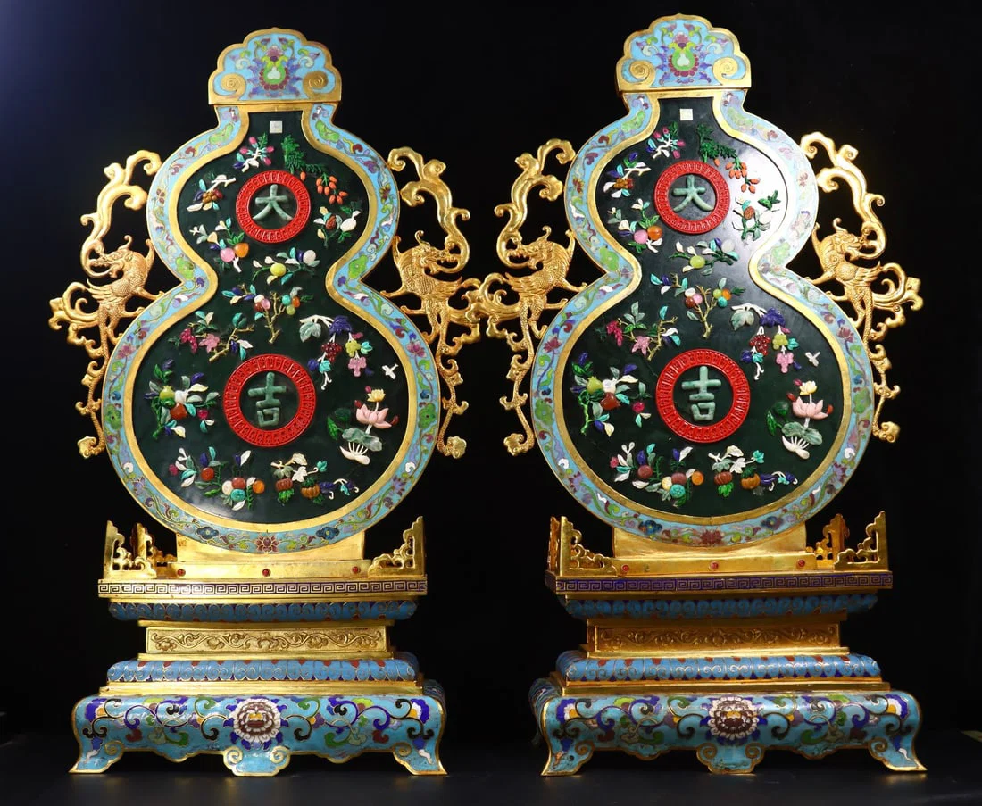 A Pair of Exquisite Cloisonne Inlaid Gems Flower and Fruit Pattern Lotus Pattern with poem