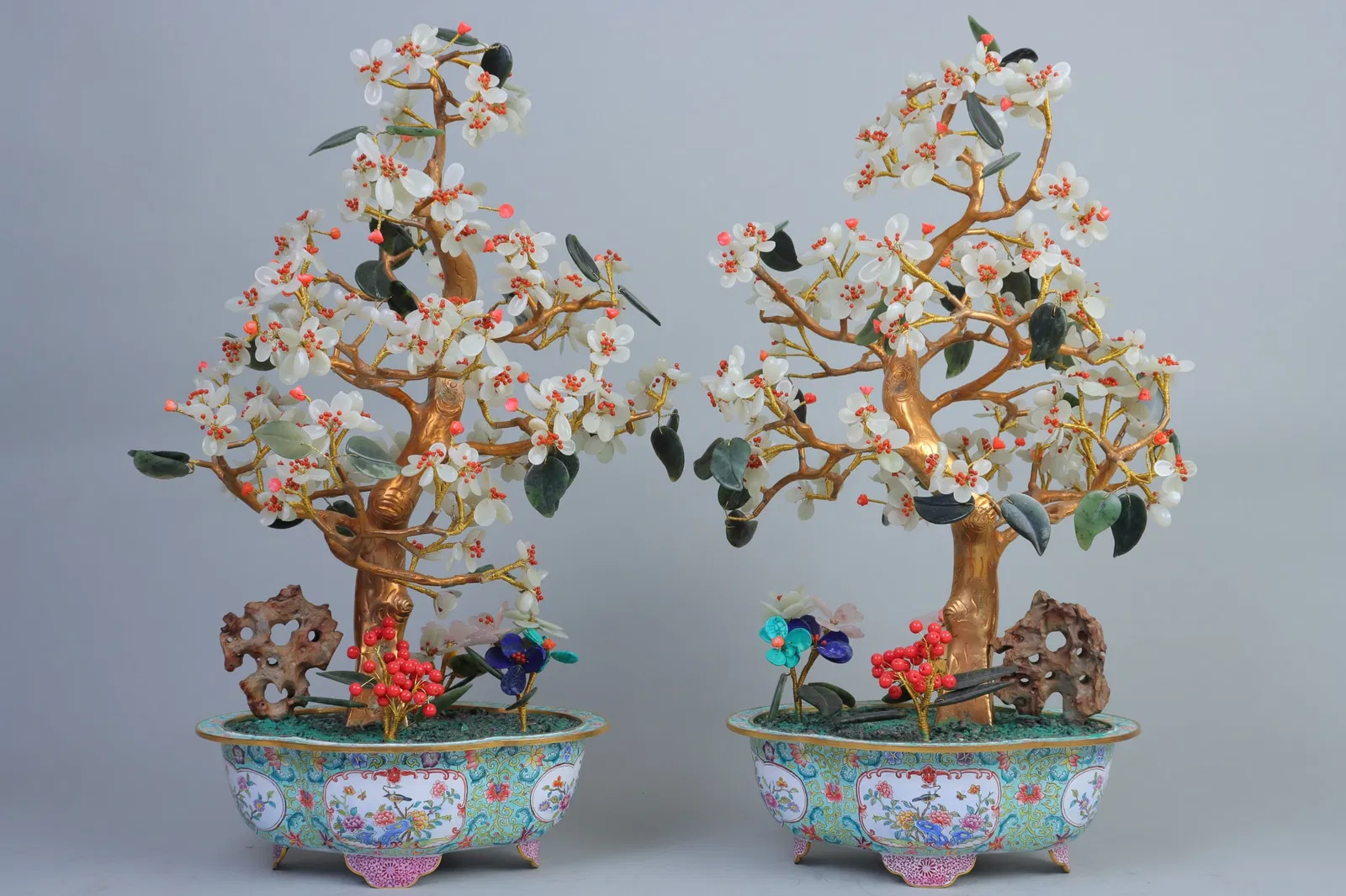 A Pair of Exquisite Cloisonne Inlaid White Jade Flower Pattern Bonsai