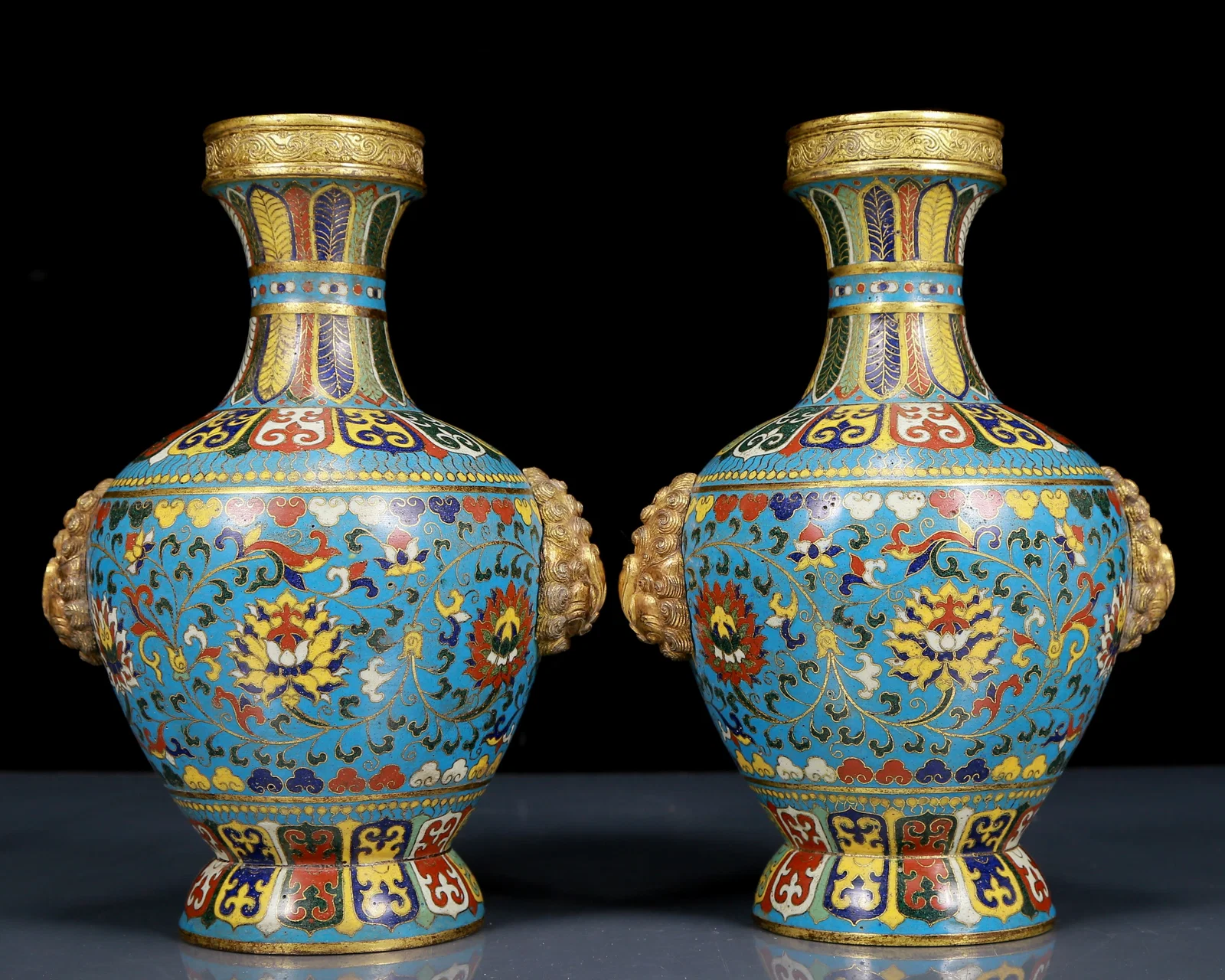 A Pair of Exquisite Cloisonne Lotus Pattern Beast-Ears Vases
