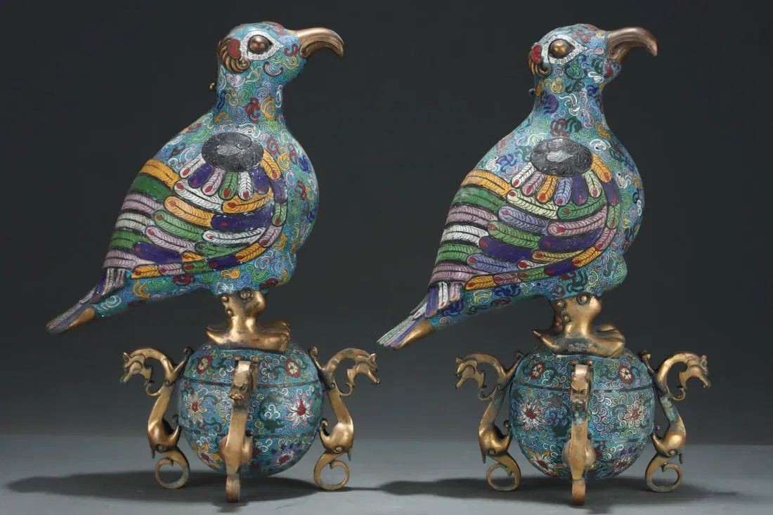 A Pair of Exquisite Cloisonne Lotus Pattern Bird Ornaments