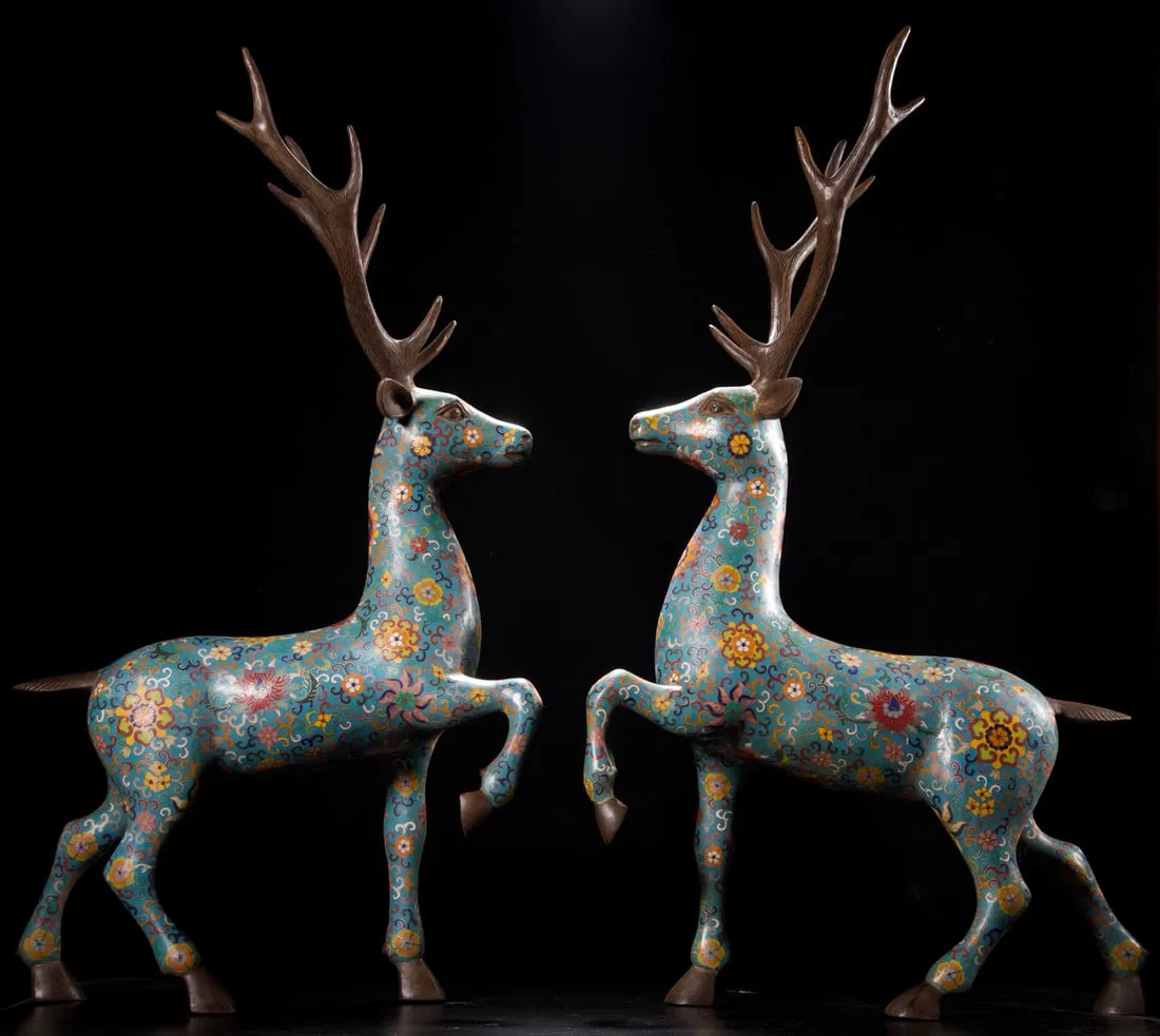 A Pair of Exquisite Cloisonne Lotus Pattern Deer Ornaments