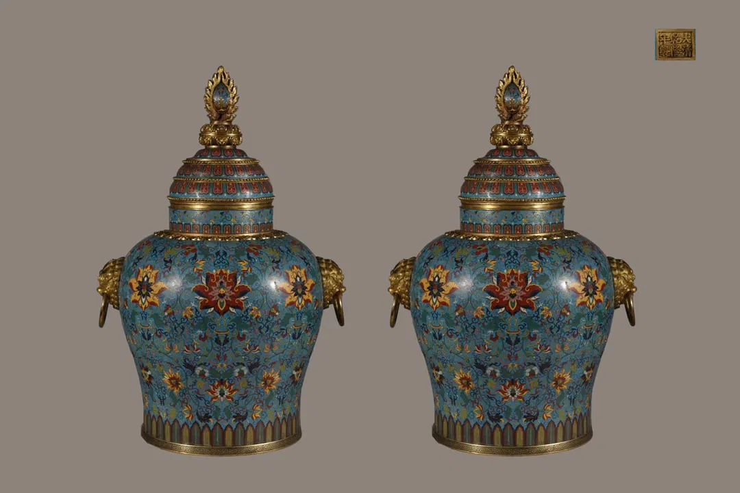 A Pair of Exquisite Cloisonne Lotus Pattern Double-Ears Jar