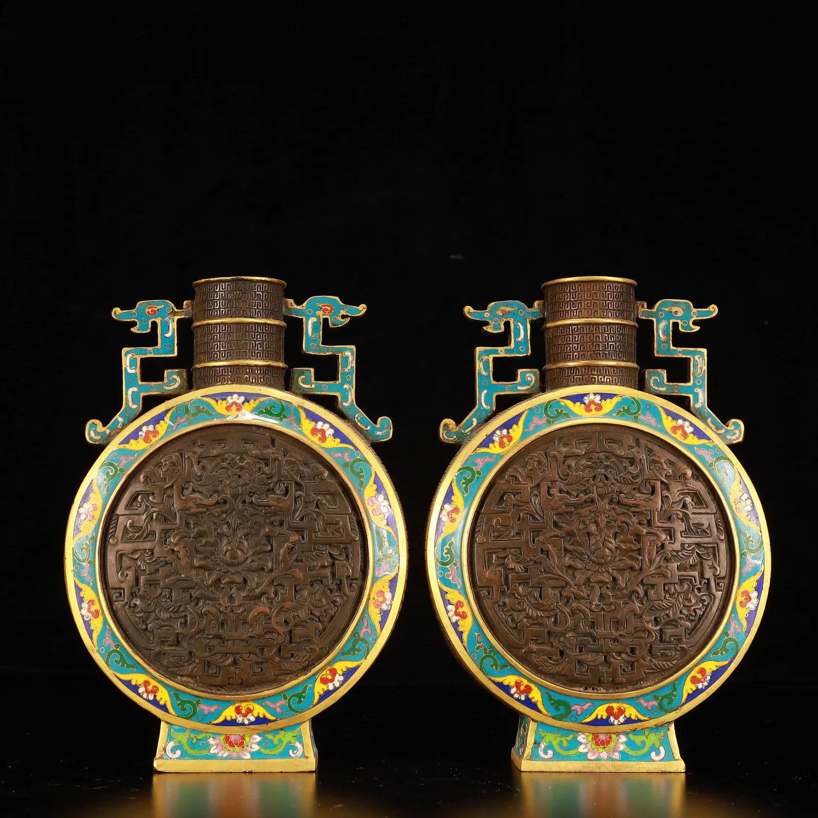 A Pair of Exquisite Cloisonne Lotus Pattern Dragon-Ears Vase