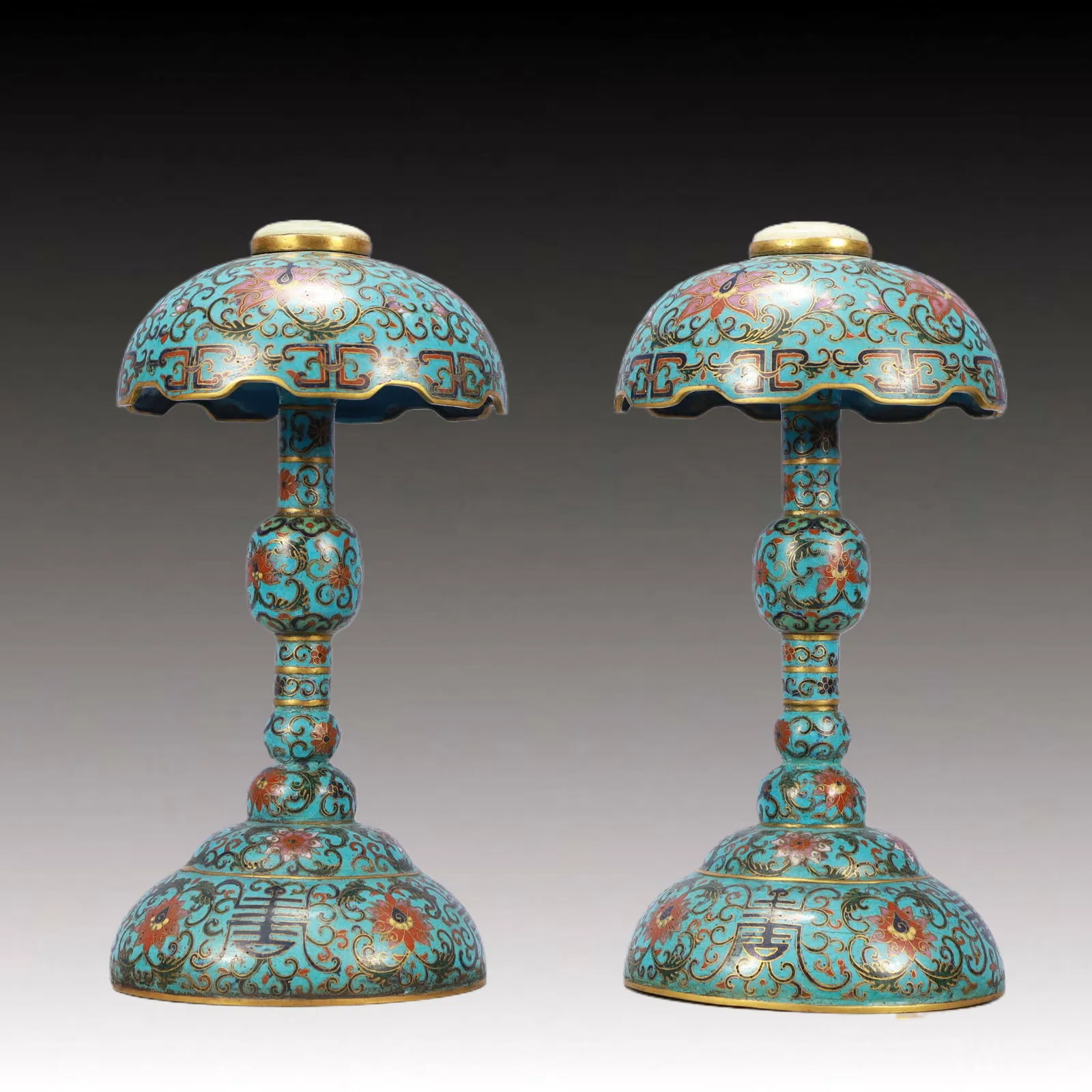 A Pair of Exquisite Cloisonne Lotus Pattern Hatstands,Inlaid White Jade