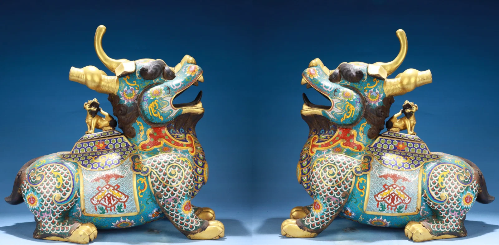 A Pair of Exquisite Cloisonne Lotus Pattern Kylin Ornament