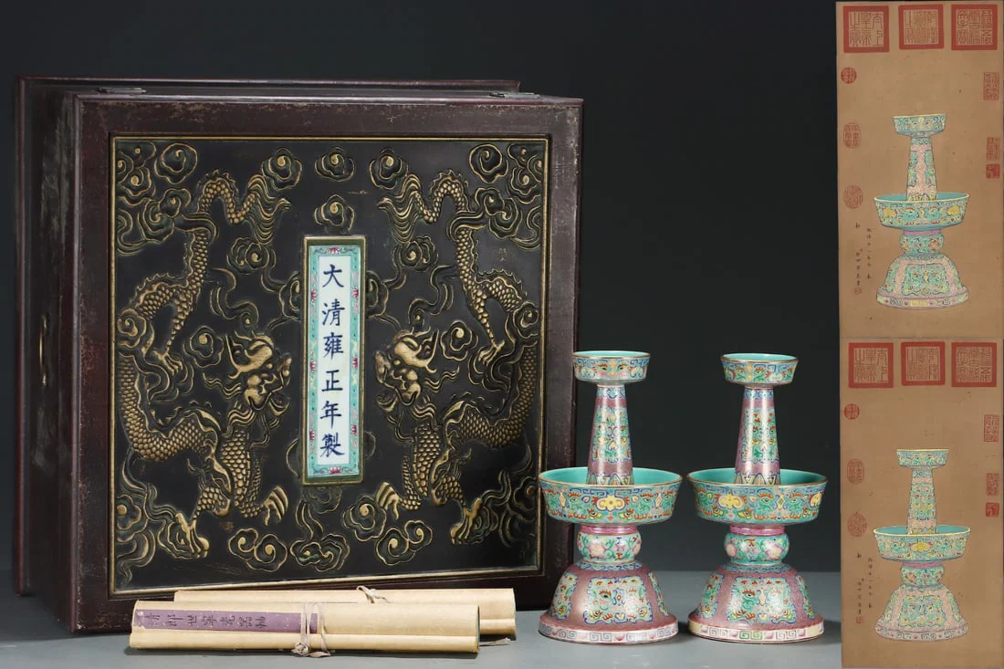 A Pair of Exquisite Enamel Beast-Face Pattern Candlesticks,with Chinese Vertical Scroll Ink Painting